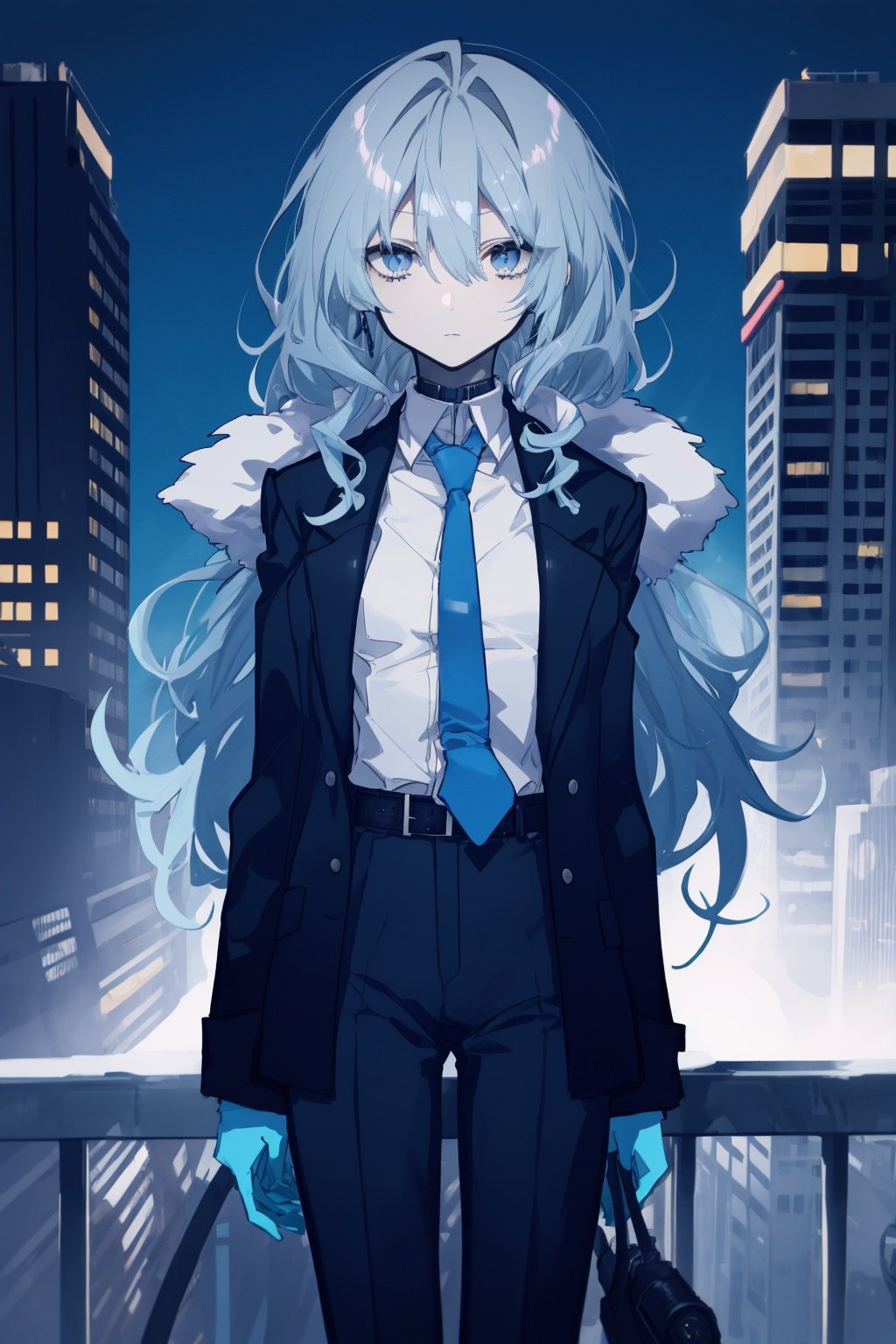 Light blue eyes, silver hair, slender figure, loli, 1 girl, solo, long hair, tuxedo, long pants, black pants, black suit, ((((blue tie)))), chest painting, night, banquet, black fur collar, shawl, dreamlocks, {{{{{{{ jinx hair }}}}}},A cold expression, expressionless, indifferent, mature woman, aristocratic aura, curly hair, long curly hair,Banquet, cyberpunk, science fiction, balcony, black waist fur collar coat, <lora:wangyue_20230729232218:1>,, 