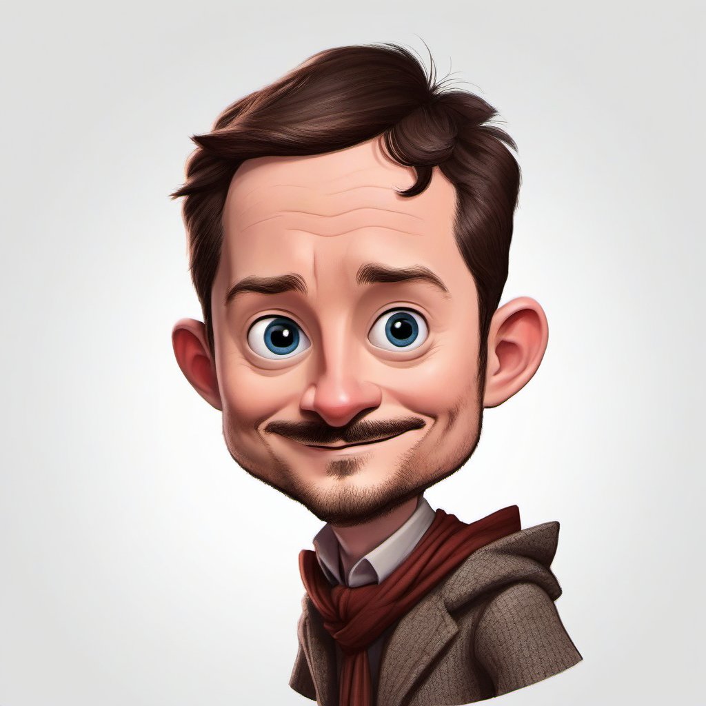 Create a whimsical caricature of Elijah Wood, amplifying his distinctive features and expressions. The image should show him in a humorous pose, possibly holding a miniature ring or dressed as a hobbit, referencing his iconic role in The Lord of the Rings. Use bright, exaggerated colors and playful lighting to emphasize the comedic effect. The composition should be centered, with a clean, white background to highlight the caricature's details.