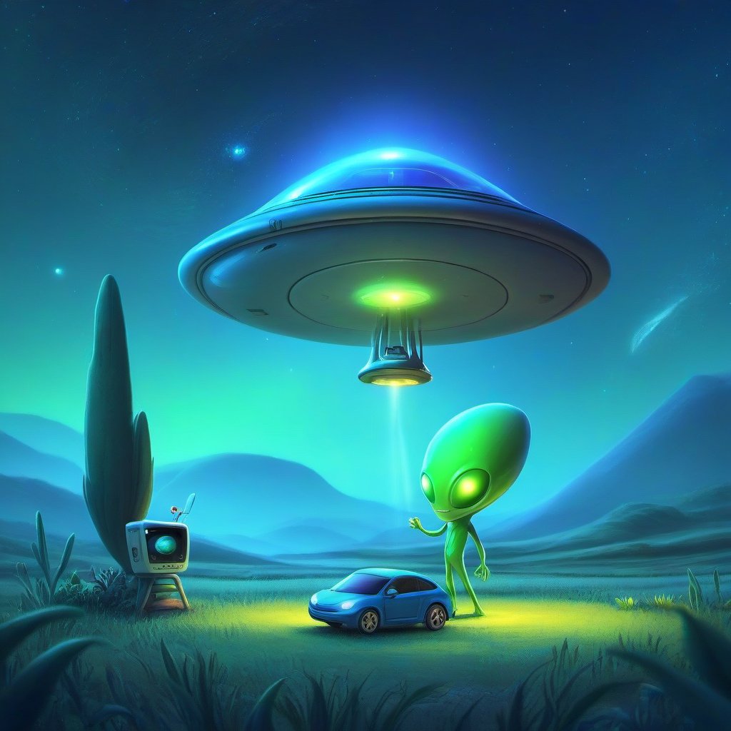 Create a whimsical scene of an alien parking his UFO in a serene, rural setting. The alien should be depicted with exaggerated, cartoonish features, wearing a casual outfit and carrying a remote control. The UFO, with its sleek, glowing design, hovers gently above a designated parking spot marked with an alien symbol. Use vibrant, otherworldly colors and soft, ambient lighting to set the scene. The composition should be balanced, with the alien and UFO as the focal points, surrounded by rolling hills and a clear night sky.