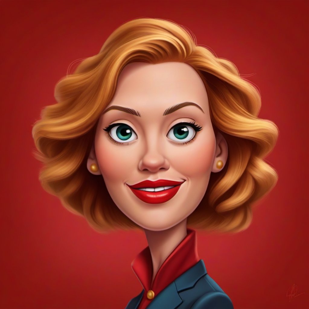 Create a playful caricature of Scarlett Johansson, emphasizing her recognizable features with exaggerated expressions and proportions. The image should depict her in a dynamic pose, perhaps striking a glamorous pose or wielding a prop related to her acting roles. Use bold, vibrant colors and dramatic lighting to enhance the comedic and iconic nature of the caricature. The composition should be centered, with a simple, contrasting background to keep the focus on the caricature.