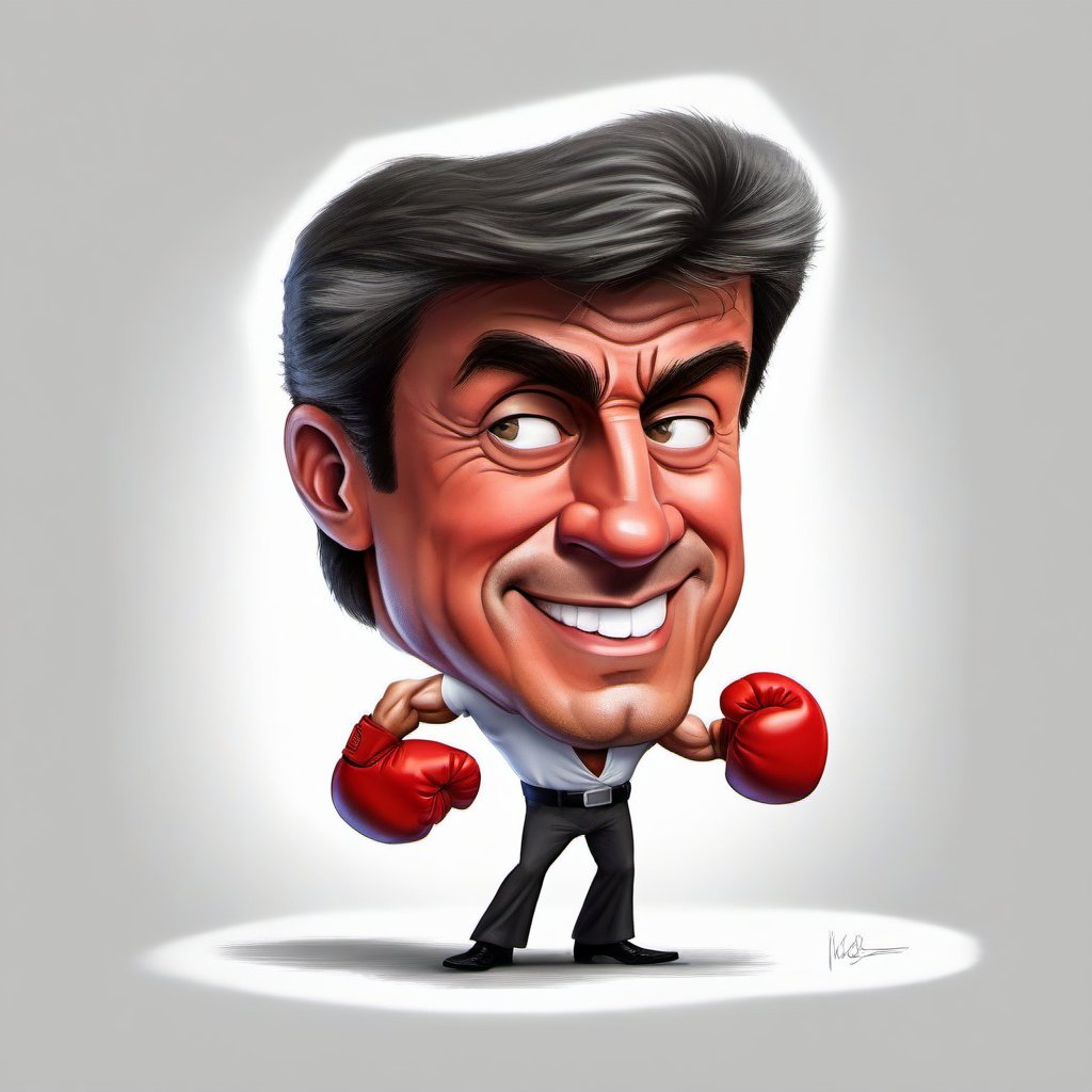 Create a humorous caricature of Sylvester Stallone, emphasizing his distinctive features and powerful presence. The image should show him in a dynamic pose, perhaps flexing his muscles or holding a boxing glove, referencing his famous roles. Use bold, vibrant colors and dramatic lighting to enhance the comedic and iconic nature of the caricature. The composition should be centered, with a clean, white background to keep the focus on the caricature's details.