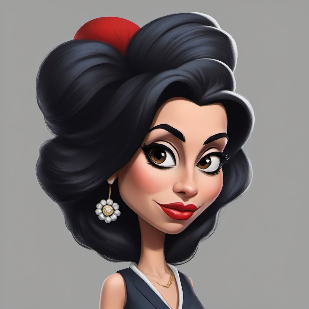 Create a stylized caricature of Amy Winehouse, highlighting her iconic features and unique style. The image should depict her with exaggerated beehive hair, winged eyeliner, and a soulful expression, perhaps holding a microphone or playing a guitar. Use bold, retro colors and dramatic lighting to capture the essence of her persona. The composition should be centered, with a simple, monochromatic background to focus attention on the caricature.