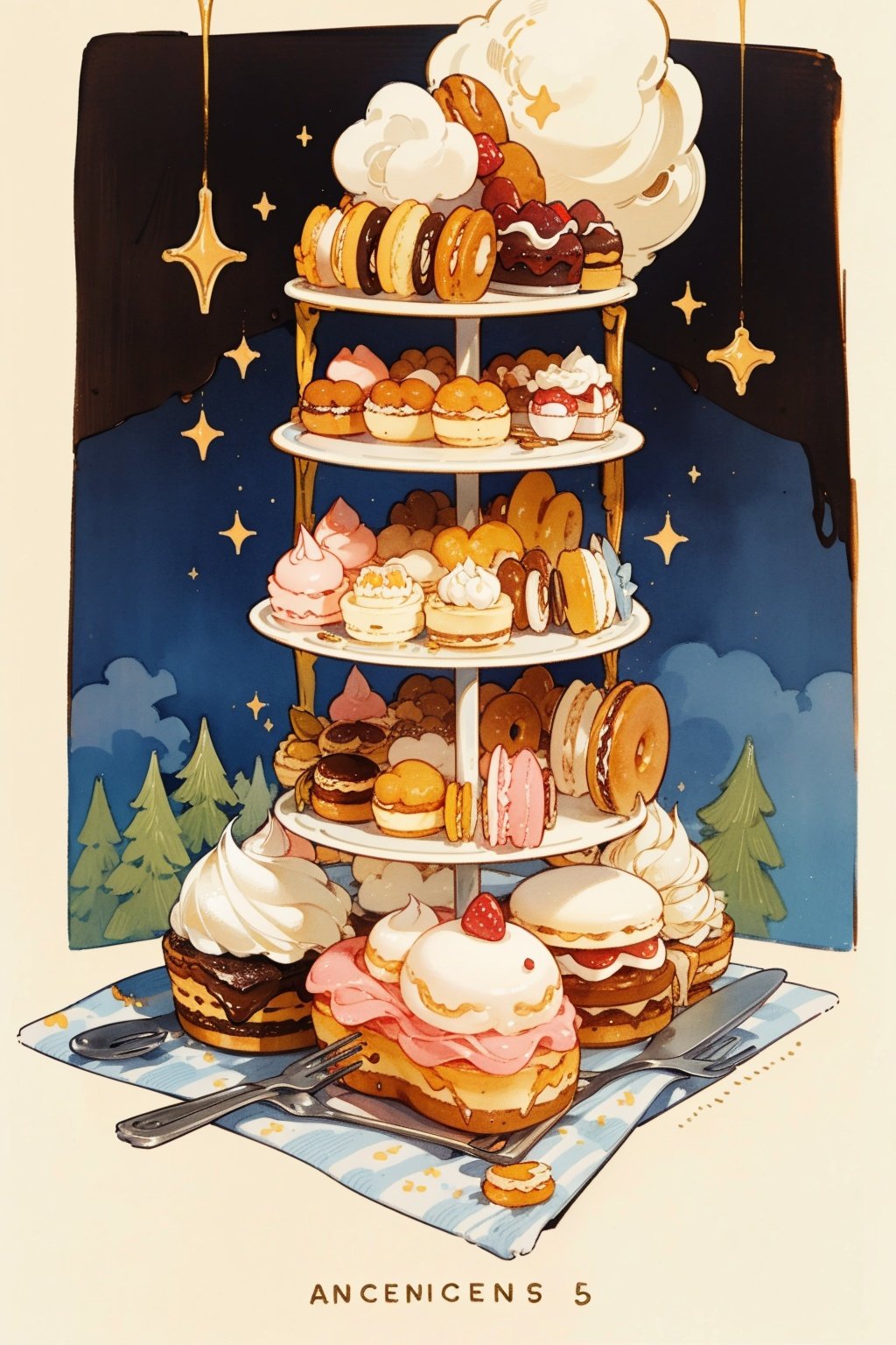A watercolor painting filled with exquisite cake desserts, bread, doughnuts, macarons, exquisite beauty, visual feast, <lora:美食:0.8>, 