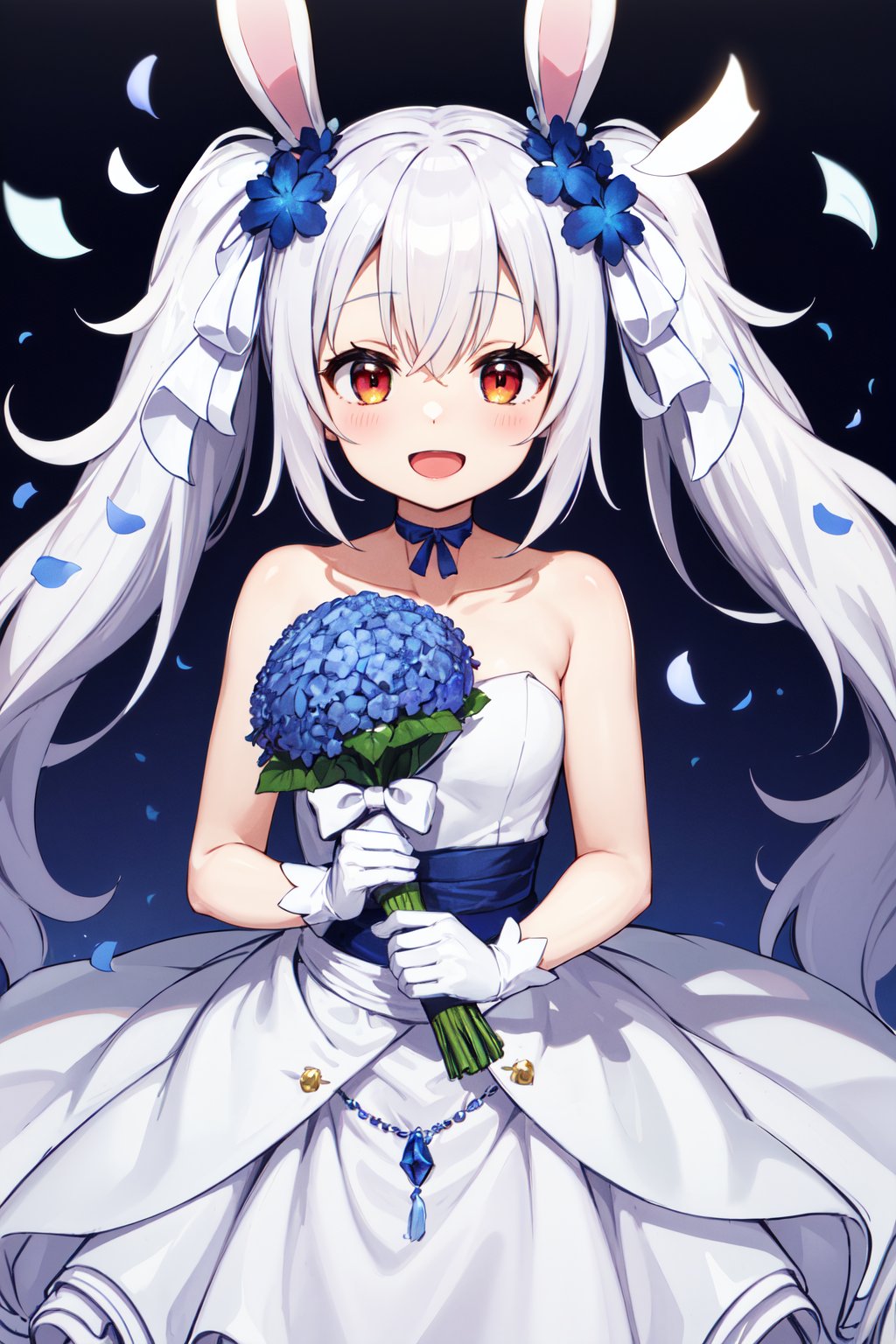 masterpiece, best quality, highres, eelaffey, long hair, blue flower, ribbon choker, collarbone, bare shoulders, strapless, white dress, wedding dress, white gloves, <lora:laffey_(azur_lane)_v1:0.7>, smile, open mouth, holding bouquet, confetti, petals,