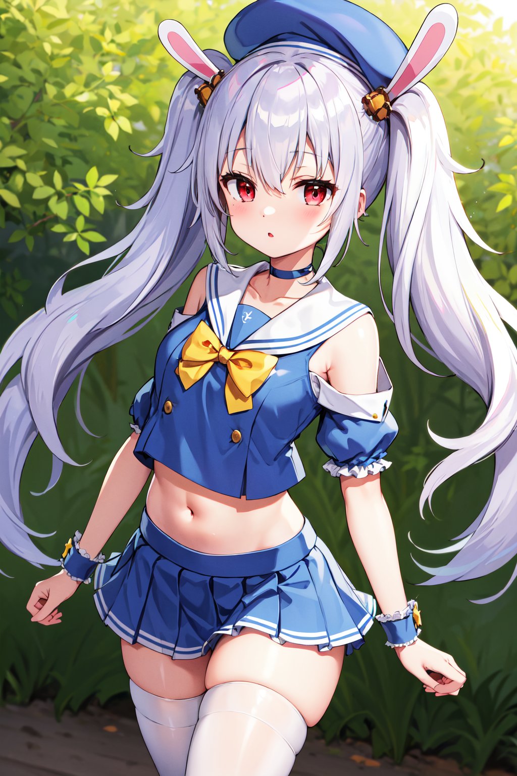 masterpiece, best quality, highres, cclaffey, long hair, beret, blue choker, school uniform, white sailor collar, yellow bowtie, bare shoulders, blue shirt, puffy sleeves, wrist cuffs, navel, pleated skirt, blue skirt, white thighhighs, <lora:laffey_(azur_lane)_v1:0.7>, standing, cowboy shot, outdoors