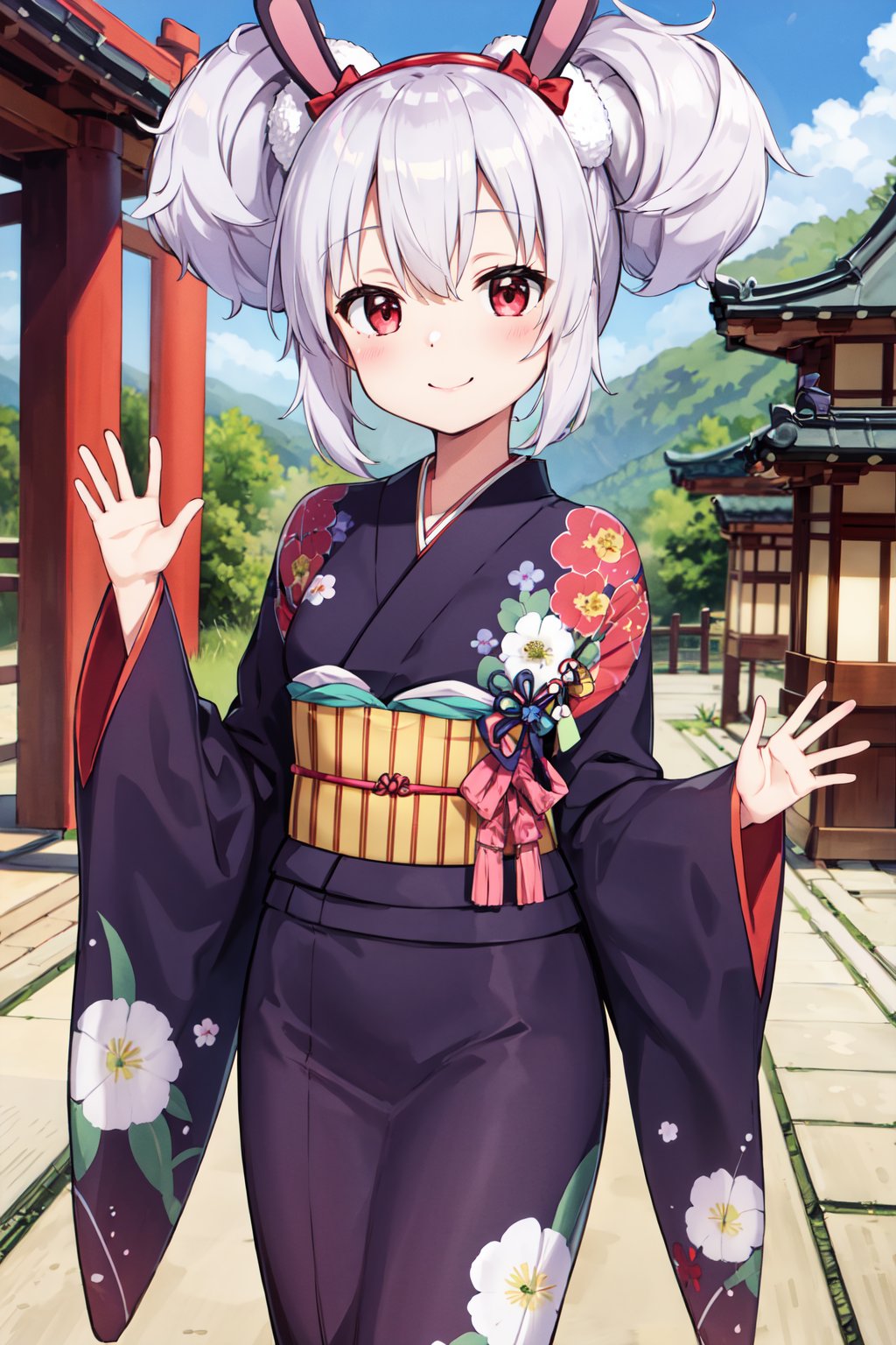 masterpiece, best quality, highres, bblaffey, japanese clothes, print kimono, blue kimono, floral print, long sleeves, wide sleeves, sleeves past wrists, sash, obi, <lora:laffey_(azur_lane)_v1:0.7>, waving, smile, outdoors