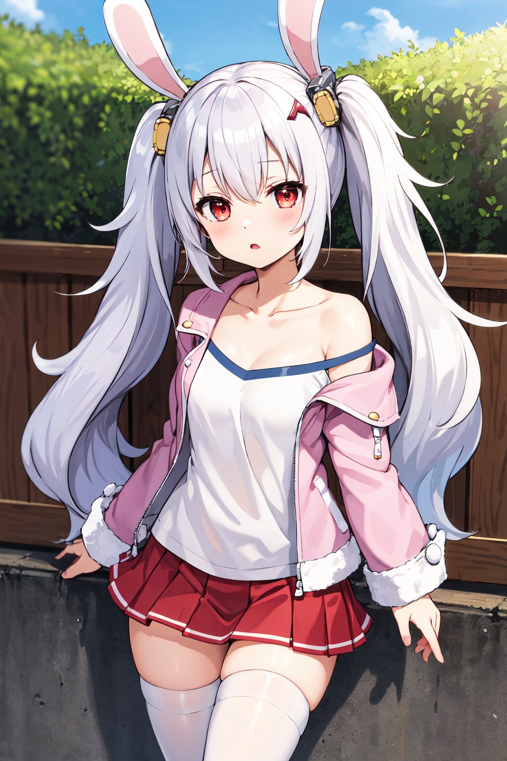 masterpiece, best quality, highres, aalaffey, long hair, collarbone, white shirt, white camisole, off shoulder, pink jacket, open clothes, long sleeves, pleated skirt, red skirt, white thighhighs, <lora:laffey_(azur_lane)_v1:0.7>, standing, cowboy shot, outdoors