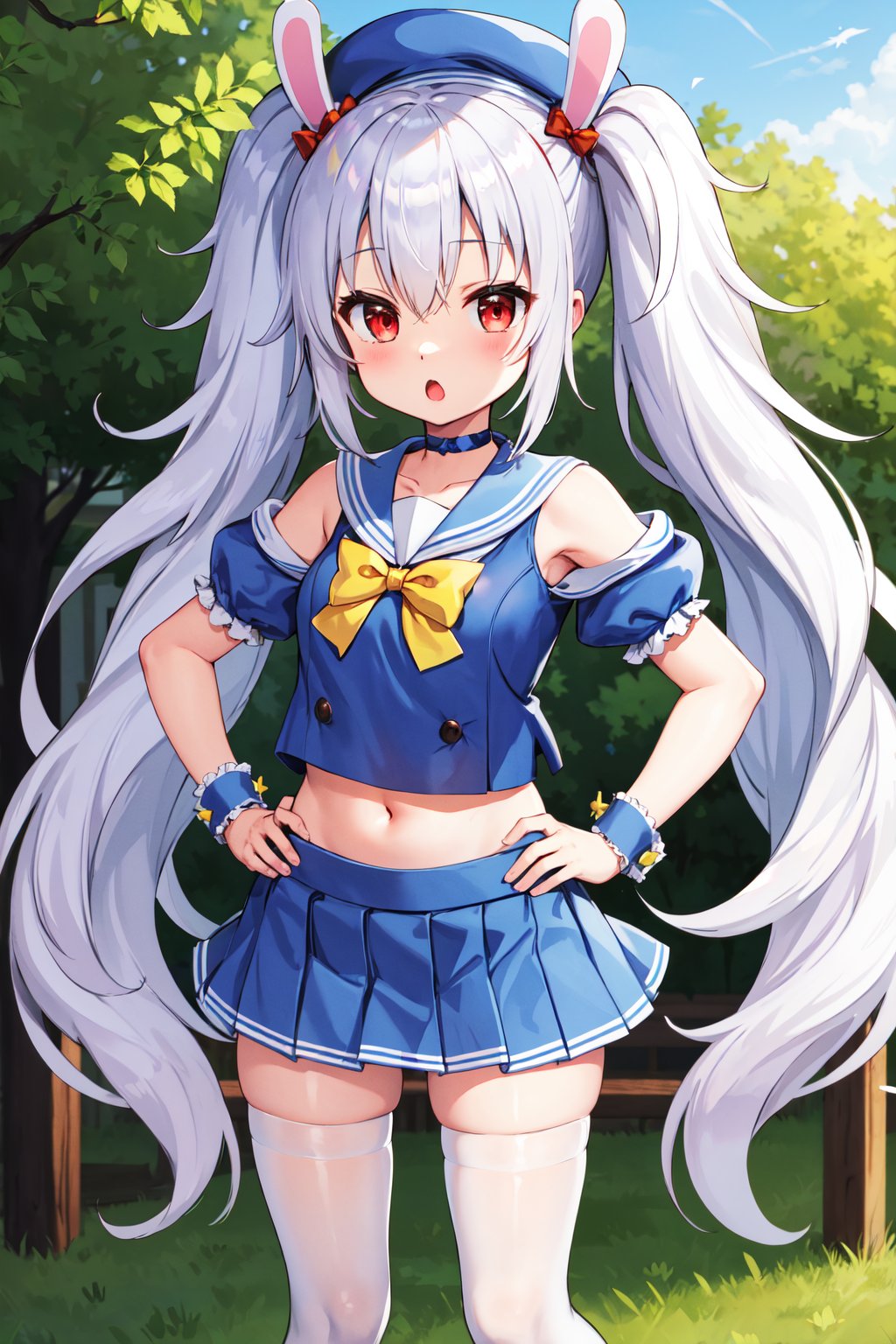 masterpiece, best quality, highres, cclaffey, long hair, beret, blue choker, school uniform, white sailor collar, yellow bowtie, bare shoulders, blue shirt, puffy sleeves, wrist cuffs, navel, pleated skirt, blue skirt, white thighhighs, <lora:laffey_(azur_lane)_v1:0.7>, hand on hip, outdoors, standing, :o