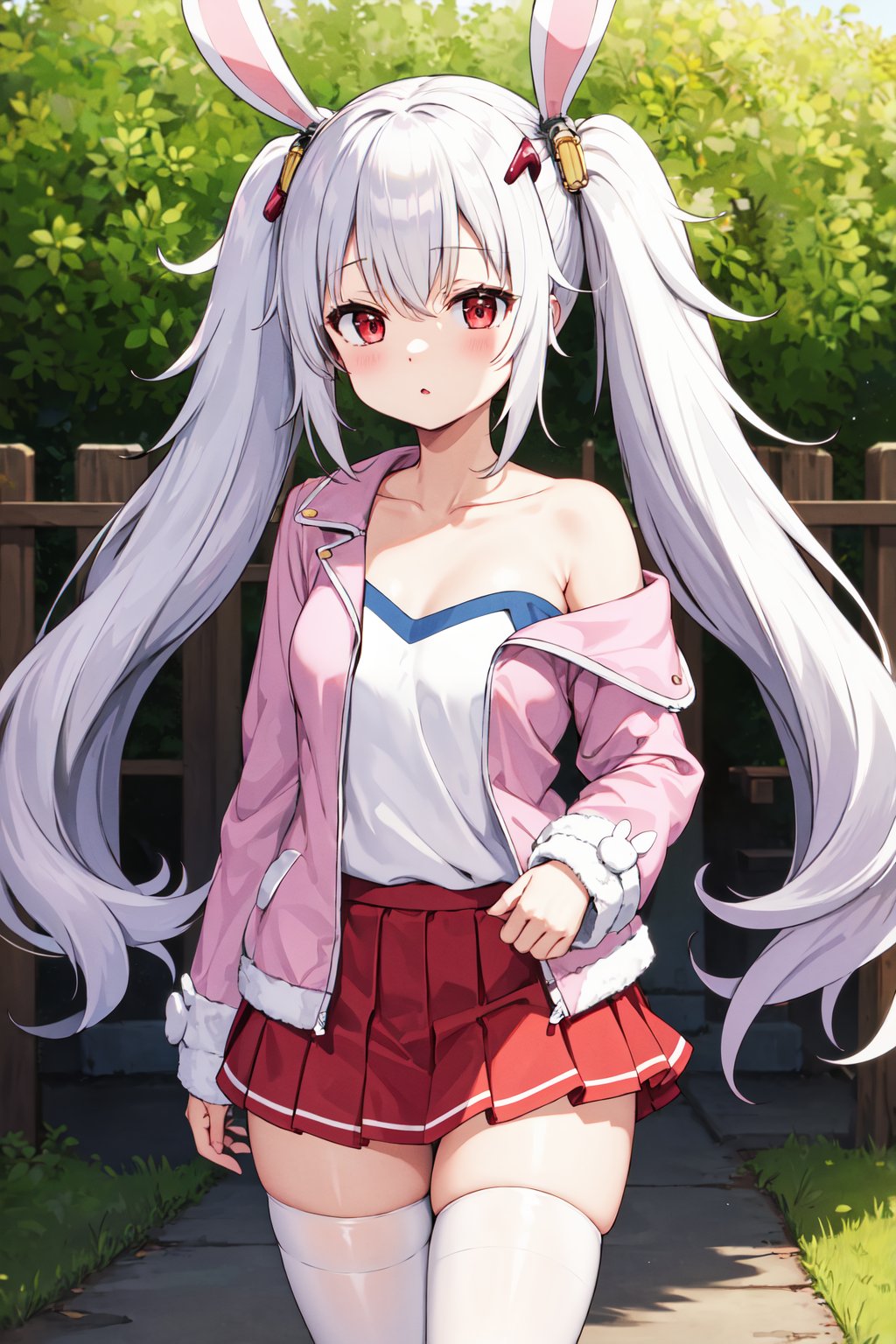 masterpiece, best quality, highres, aalaffey, long hair, collarbone, white shirt, white camisole, off shoulder, pink jacket, open clothes, long sleeves, pleated skirt, red skirt, white thighhighs, <lora:laffey_(azur_lane)_v1:0.7>, standing, cowboy shot, outdoors