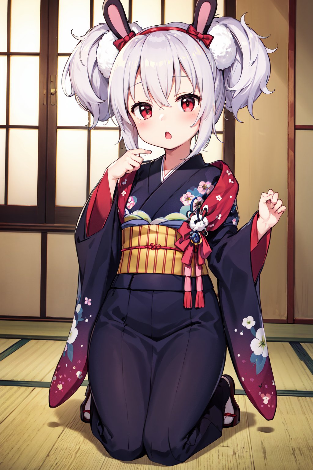 masterpiece, best quality, highres, bblaffey, japanese clothes, print kimono, blue kimono, floral print, long sleeves, wide sleeves, sleeves past wrists, sash, obi, <lora:laffey_(azur_lane)_v1:0.7>, kneeling, indoors, hand on own knee, :o