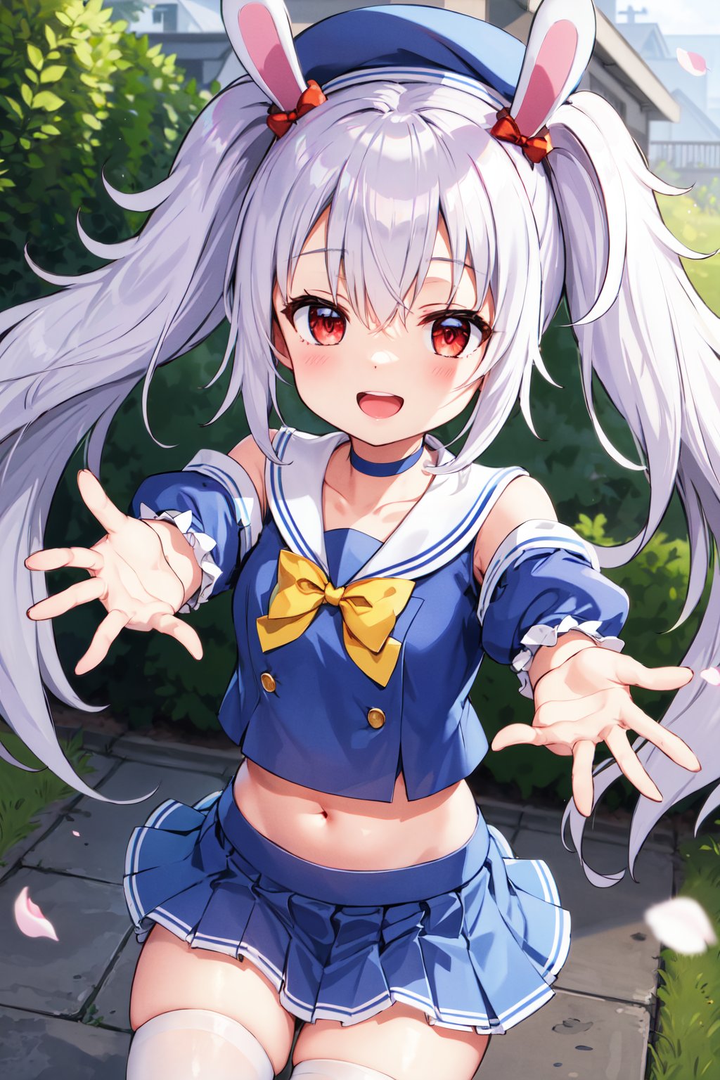 masterpiece, best quality, highres, cclaffey, long hair, beret, blue choker, school uniform, white sailor collar, yellow bowtie, bare shoulders, blue shirt, puffy sleeves, wrist cuffs, navel, pleated skirt, blue skirt, white thighhighs, <lora:laffey_(azur_lane)_v1:0.7>, reaching out, smile, open mouth, outdoors, petals