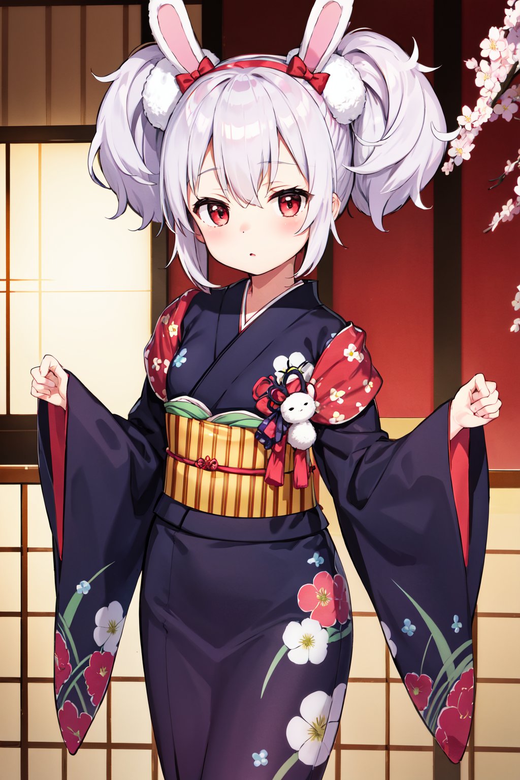 masterpiece, best quality, highres, bblaffey, japanese clothes, print kimono, blue kimono, floral print, long sleeves, wide sleeves, sleeves past wrists, sash, obi, <lora:laffey_(azur_lane)_v1:0.7>, standing, cowboy shot