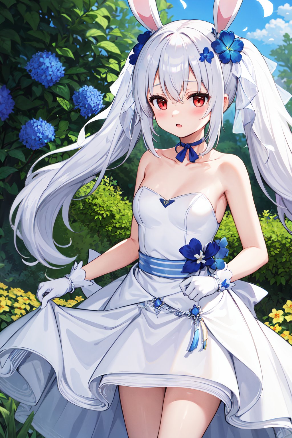 masterpiece, best quality, highres, eelaffey, long hair, blue flower, ribbon choker, collarbone, bare shoulders, strapless, white dress, wedding dress, white gloves, <lora:laffey_(azur_lane)_v1:0.7>, standing, cowboy shot, garden