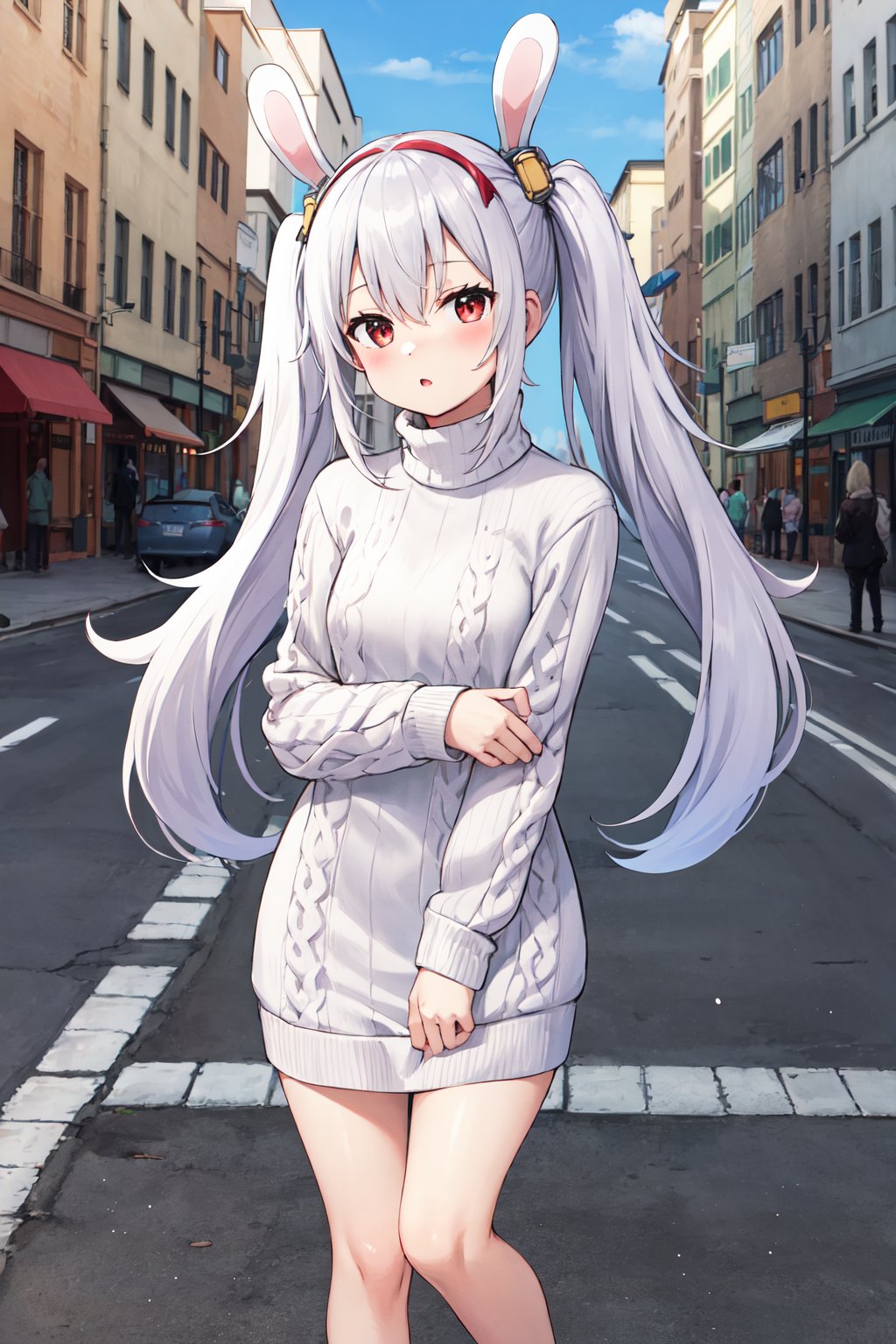 masterpiece, best quality, highres, aalaffey, long hair, <lora:laffey_(azur_lane)_v1:0.7>, standing, sweater dress, turtleneck, virgin killer sweater, outdoors, street,