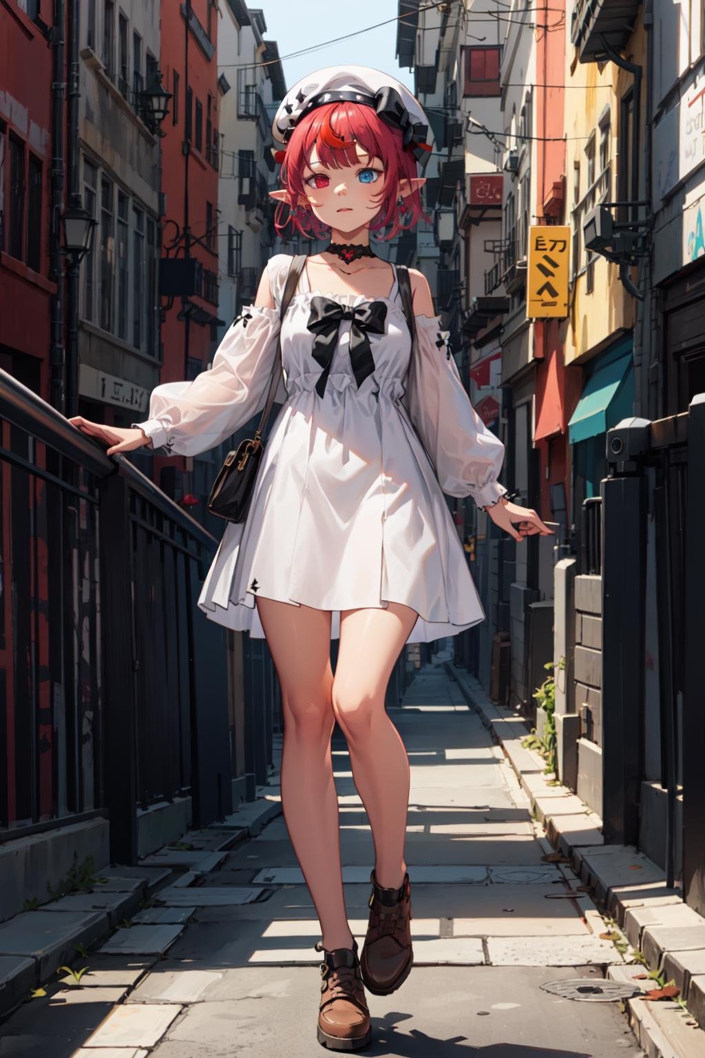 irys \(hololive\), short hair, heterochromia, pointy ears, horns, white dress, black bow, white beret, choker <lora:KitsuneAi-Irys-LoCon32-V2:0.9>, full body