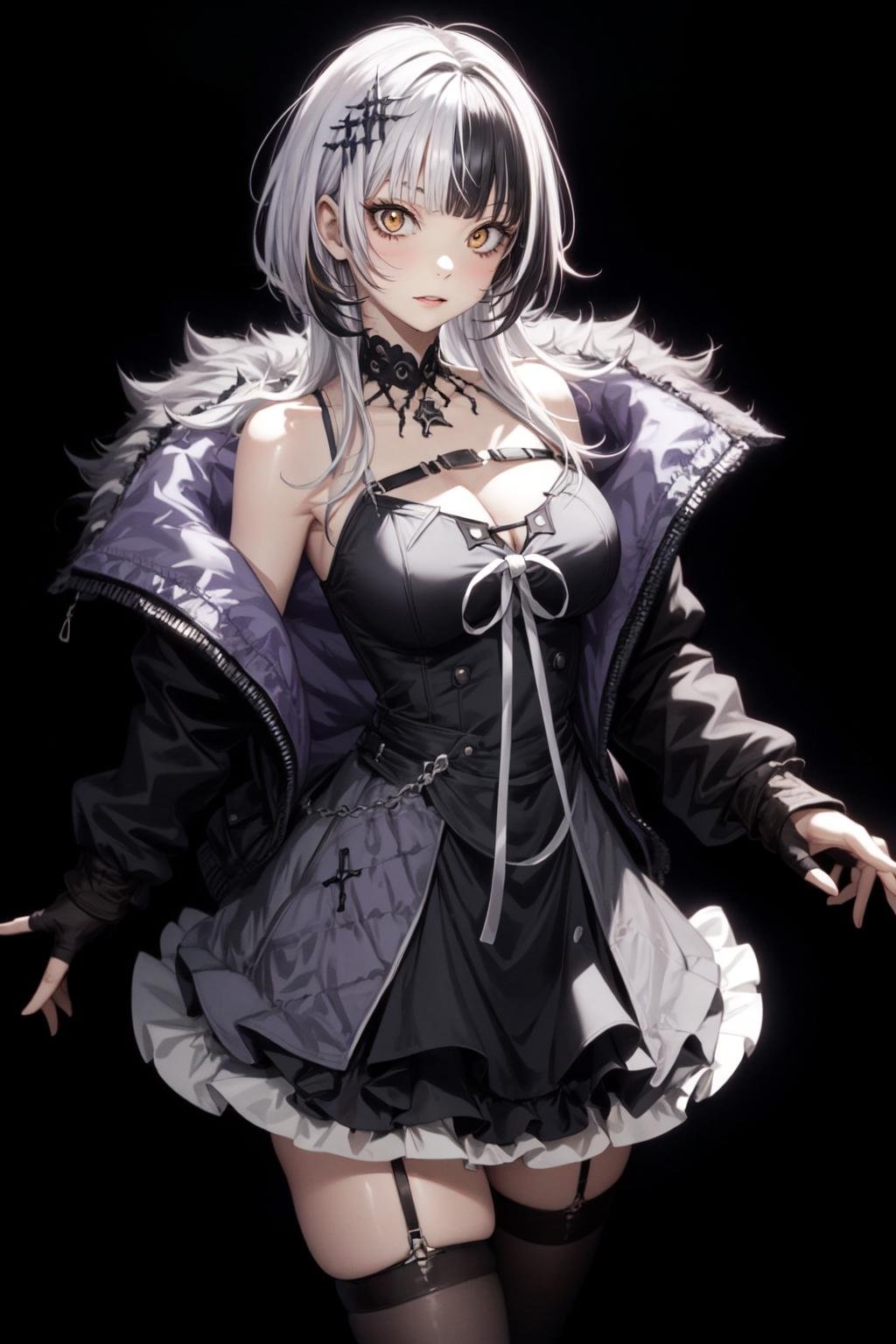 girl with long two-tone hair, dress, thighhighs, open jacket, fingerless gloves <lora:KitsuneAi-ShioriNovella-LoCon32-V1-000011:1> BREAK ((simple background, black background)) 