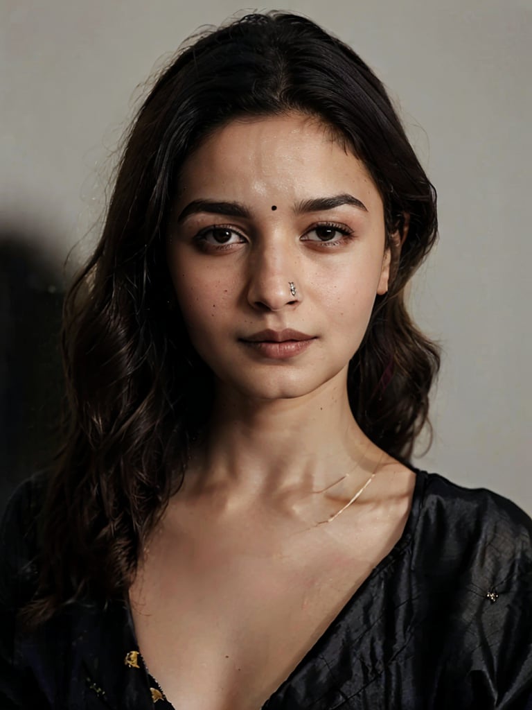 
Portrait of AliaBhatt, detailed face, pale white skin, black lipstick, explosion of color background