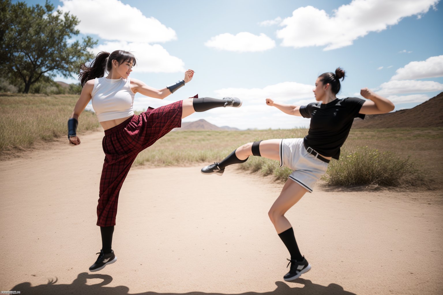 waifu fighting waifu, jump kick, impact reaction 1 versus 1perfect,Detailedface,photorealistic,milf