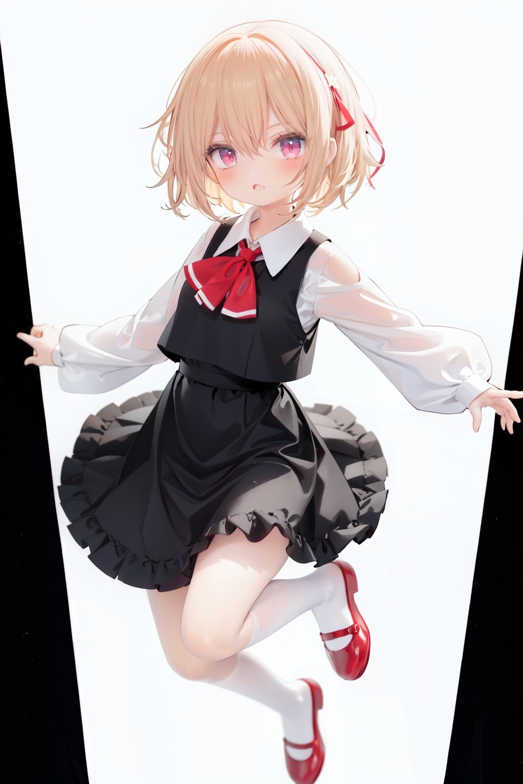  1girl, rumia, blonde hair, solo, white background, red eyes, red footwear, simple background, ascot, short hair, ribbon, open mouth, hair ribbon, smile, long sleeves, shirt, looking at viewer, red ascot, white socks, white shirt, red ribbon, shoes, socks, frills, bangs, outstretched arms, hair between eyes, skirt, :d, dress, vest, mary janes, black dress, black skirt, collared shirt, black vest, blush