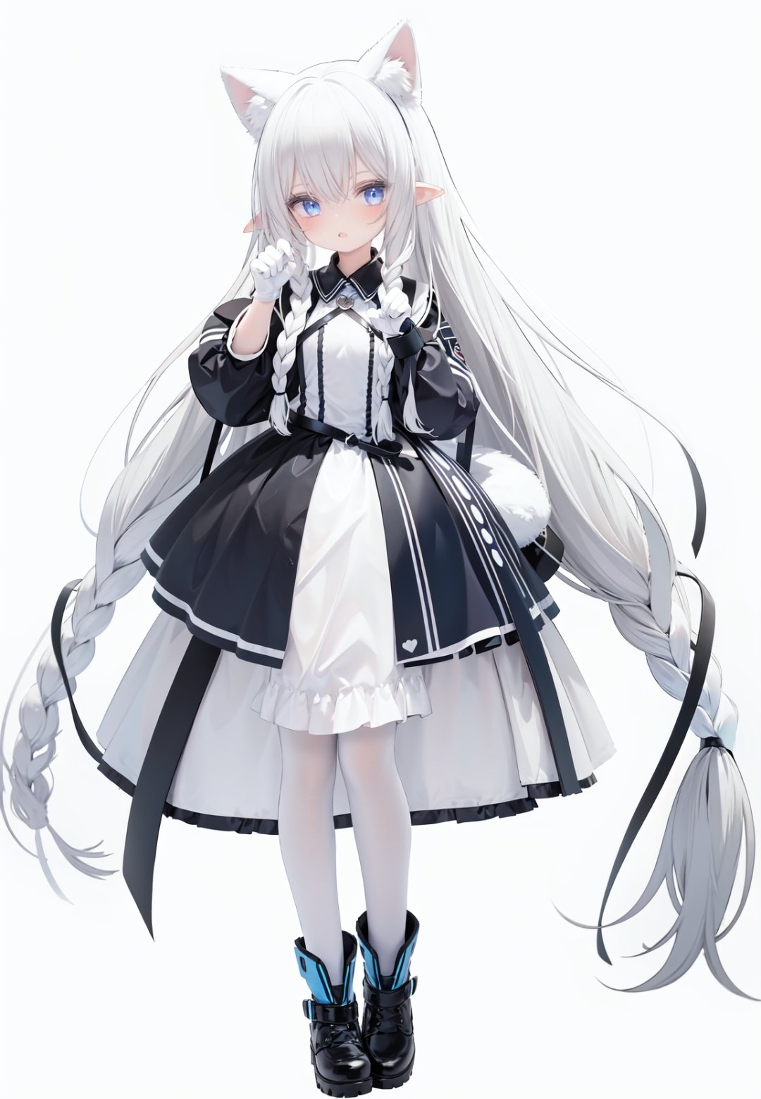  1girl, white_gloves, braid, full_body, gloves, long_hair, official_alternate_costume, pointy_ears, simple_background, solo, standing, very_long_hair, white_background, white hair, blue eyes, paw claw pose, open_mouth