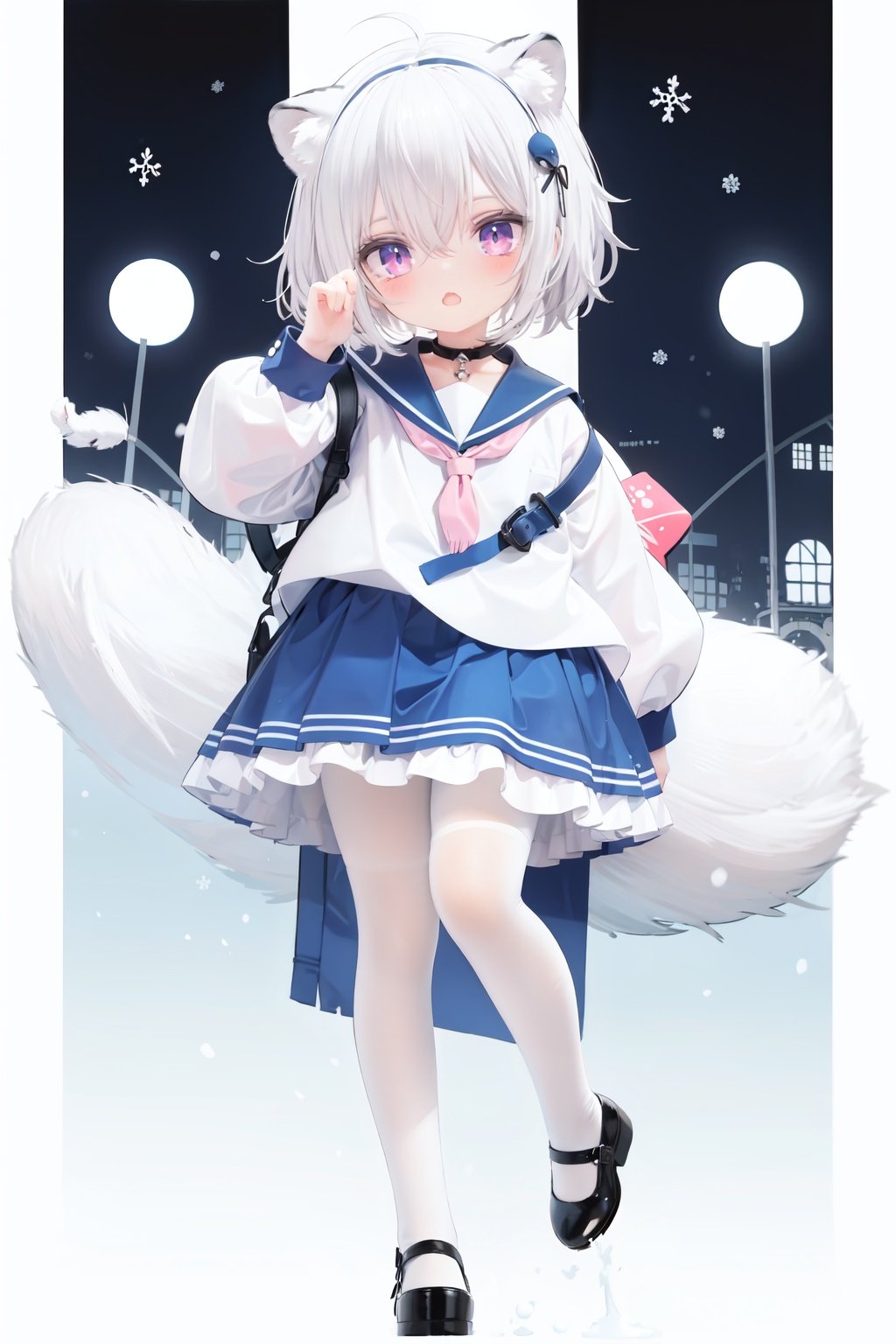  cute,Infant,solo blue shirt,blue sailor coat,loli,full body,white hair,snow leopard ear,white background,pink eyes,laugh,happy,white pantihose,white pantyhose,red armband,