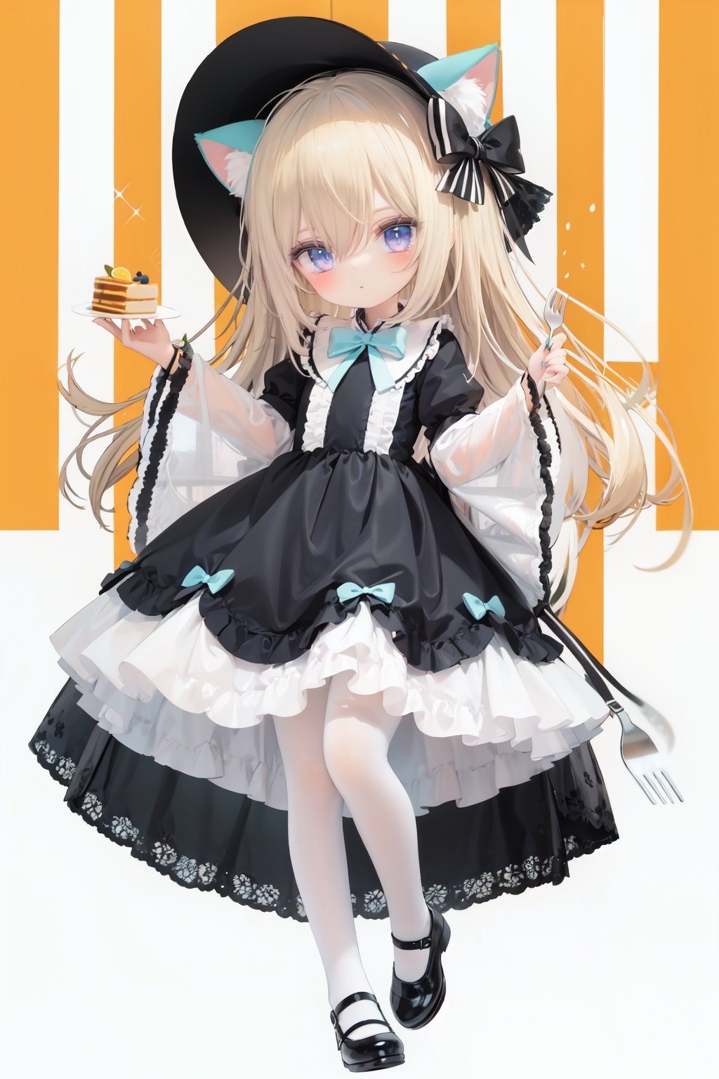  (cinematic lighting), dreamy atmosphere, Ray tracing, (((solo))), (loli:1.5), (child:1.5), (petite:1.5), green eyes, (animal ears), dress, solo, food, blonde hair, open mouth, long hair, pancake, flower, holding, bow, smile, fork, bird, socks, looking at viewer, shoes, striped background, holding fork, bonnet, striped, frills, long sleeves, :d, yellow dress, bangs, eyebrows visible through hair, blush, green nails, hair bow, nail polish, diagonal stripes, chick, sparkle, frilled dress, orange bow, fruit, full body, :3, hair between eyes, green bow, puffy sleeves, heart, lemon, orange footwear, animal ear fluff, white bow, cat ears, bobby socks, orange headwear, see-through sleeves, blue background, striped bow, hair ornament, white legwear, mary janes