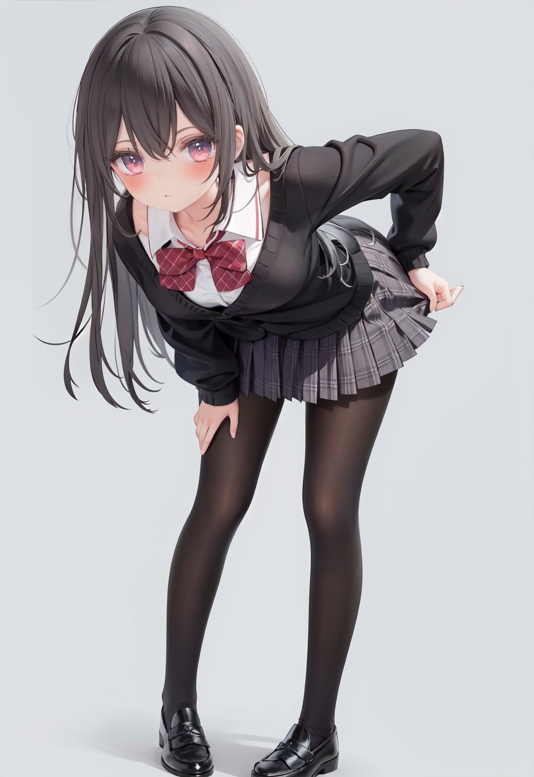  1girl, solo, pantyhose, skirt, long hair, loafers, shoes, simple background, school uniform, brown eyes, plaid, black pantyhose, plaid skirt, looking at viewer, black hair, pantyhose pull, full body, clothes pull, black footwear, pleated skirt, leaning forward, bangs, long sleeves, bent over, cardigan, bow, bowtie, standing, closed mouth, pulled by self, grey background, blush, miniskirt, red bow, sweater, undressing