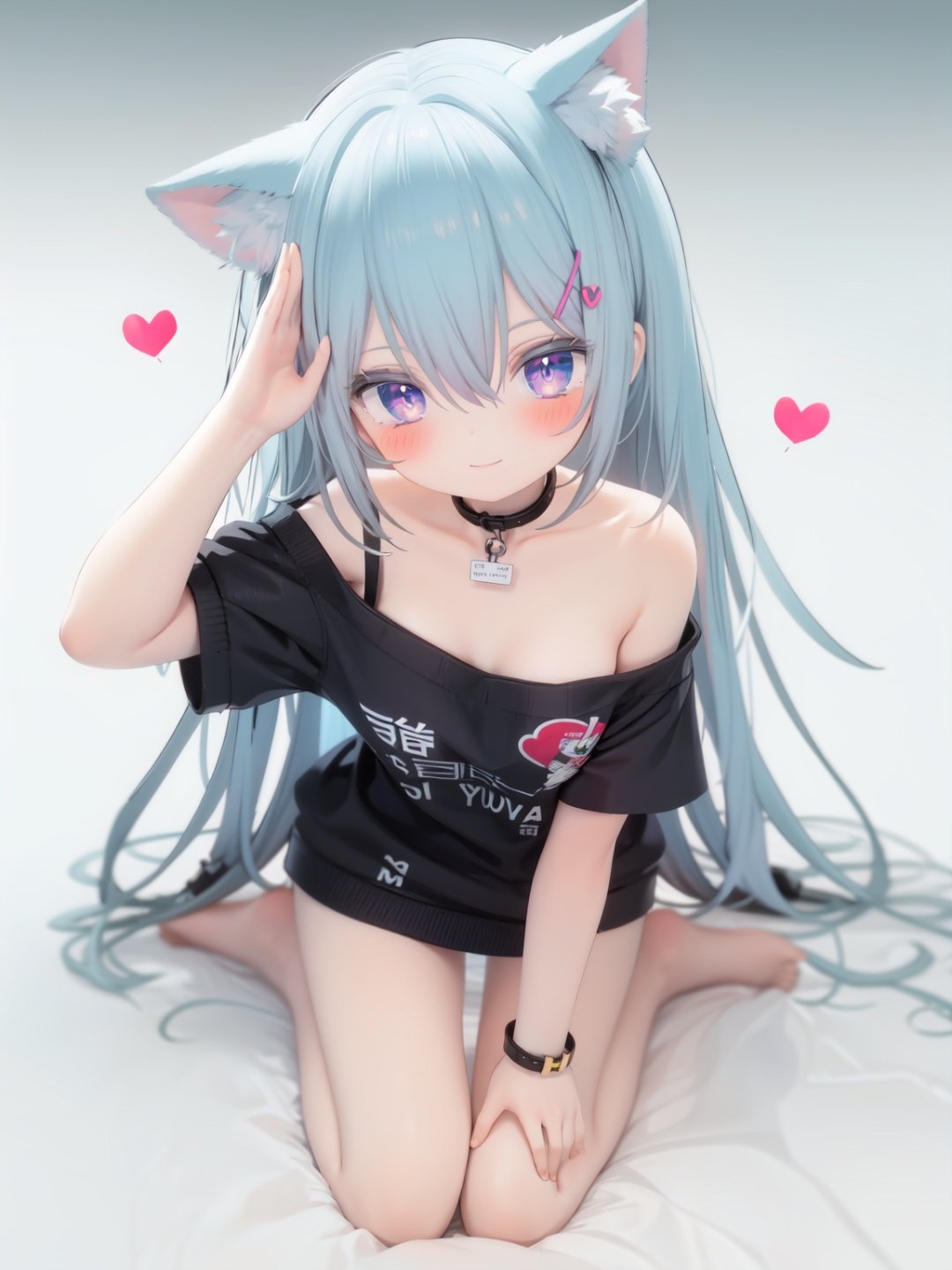  petite, loli, solo, animal ears, heart, puffy short sleeves, blue hair, long hair, off shoulder, bangs, hair ornament, gradient background,rainbow gradient, x hair ornament, animal ear fluff, looking at viewer, very long hair, blush, smile, cat ears, bare shoulders, collarbone, hand up, gradient sweater, hair between eyes, symbol-shaped pupils, arm up, heart-shaped pupils, hairclip, medium breasts, salute, bare legs,full body