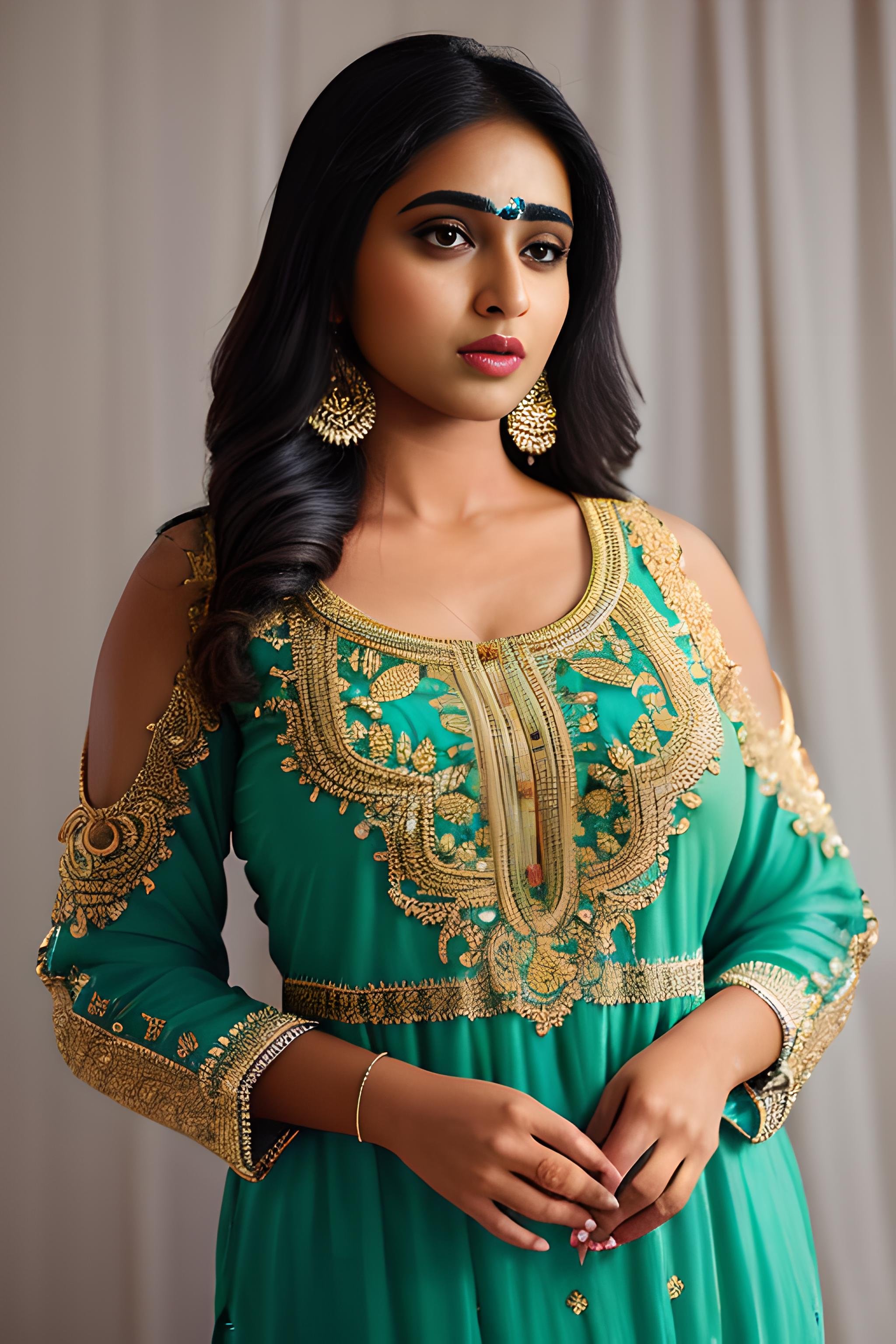indian girl in salwar, dress, traditional dress, sexy, large breasts, (fair skin), cute, masterpiece, best quality, highest quality, focused, extremely detailed, ultra realistic, photorealistic, sharp focus, absurdres, photograph, detailed and intricate, instagram, portrait, highly detailed, sharp focus, illustration,  <lora:Salwar:0.6>