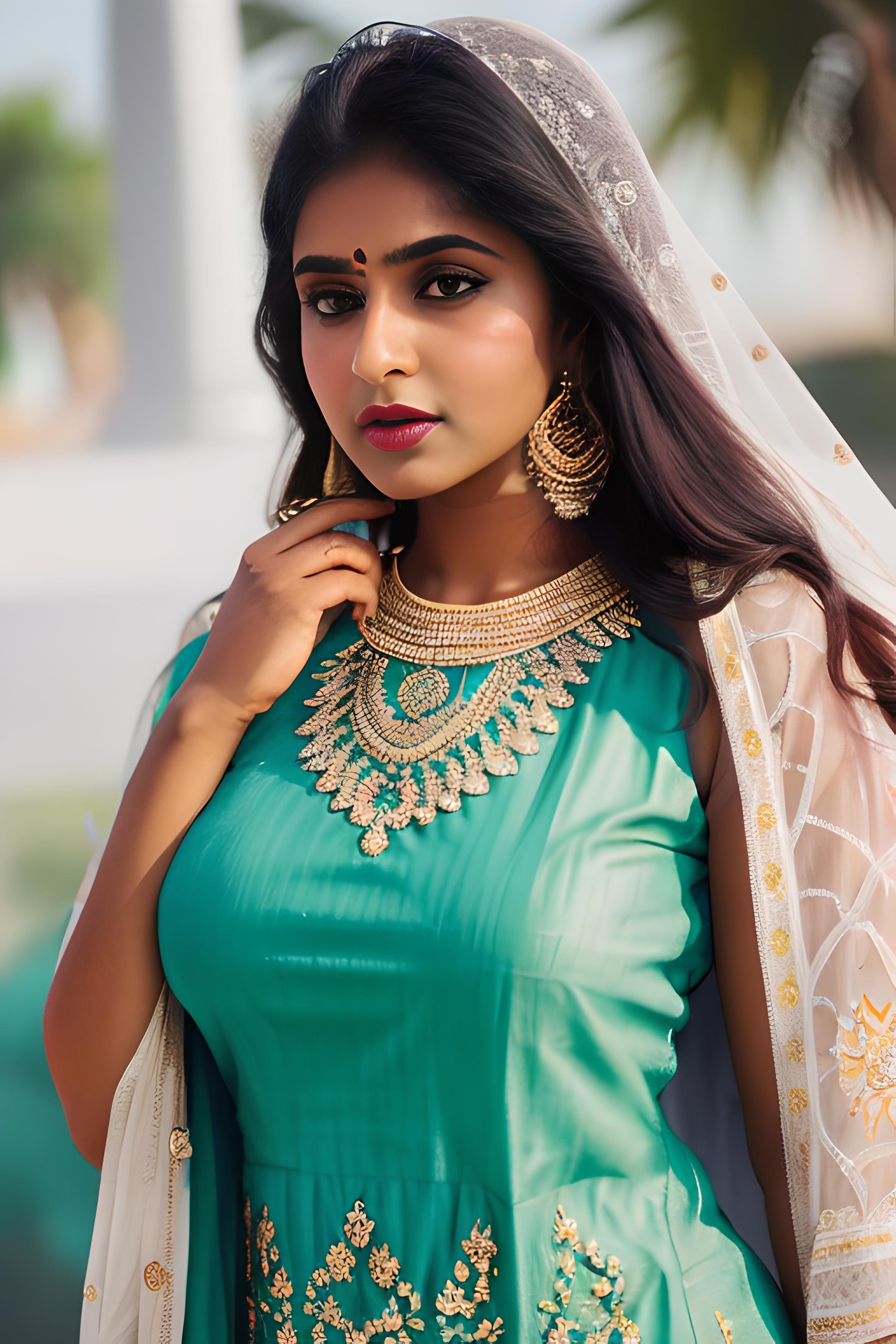 indian girl in salwar, dress, traditional dress, sexy, large breasts, (fair skin), cute, masterpiece, best quality, highest quality, focused, extremely detailed, ultra realistic, photorealistic, sharp focus, absurdres, photograph, detailed and intricate, instagram, portrait, highly detailed, sharp focus, illustration,  <lora:Salwar:0.6>