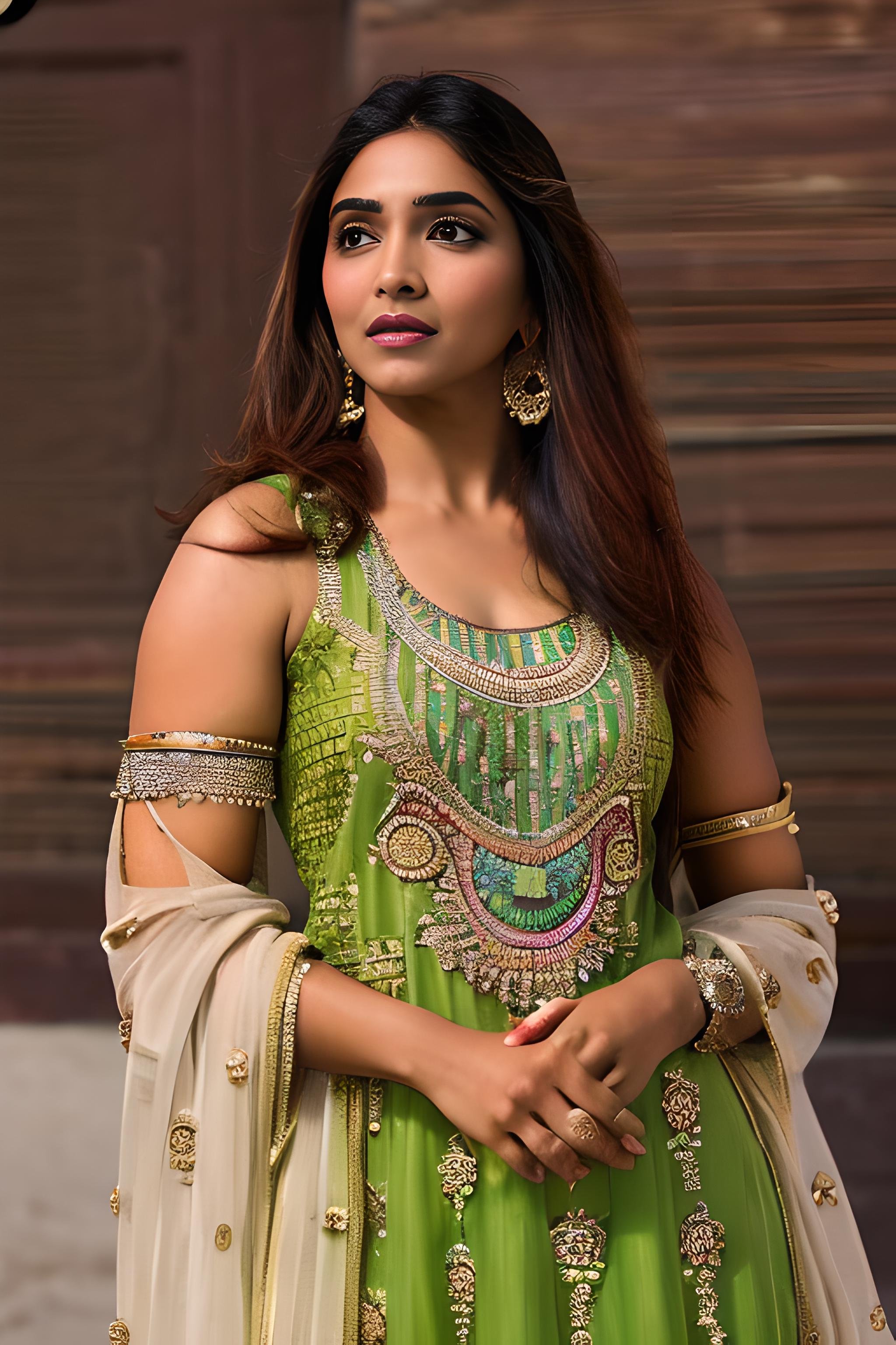 indian girl in salwar, dress, traditional dress, sexy, large breasts, (fair skin), cute, deepika,masterpiece, best quality, highest quality, focused, extremely detailed, ultra realistic, photorealistic, sharp focus, absurdres, photograph, detailed and intricate, instagram, portrait, highly detailed, sharp focus, illustration,  <lora:Salwar:0.8>  <lora:deepika_model:0.6>