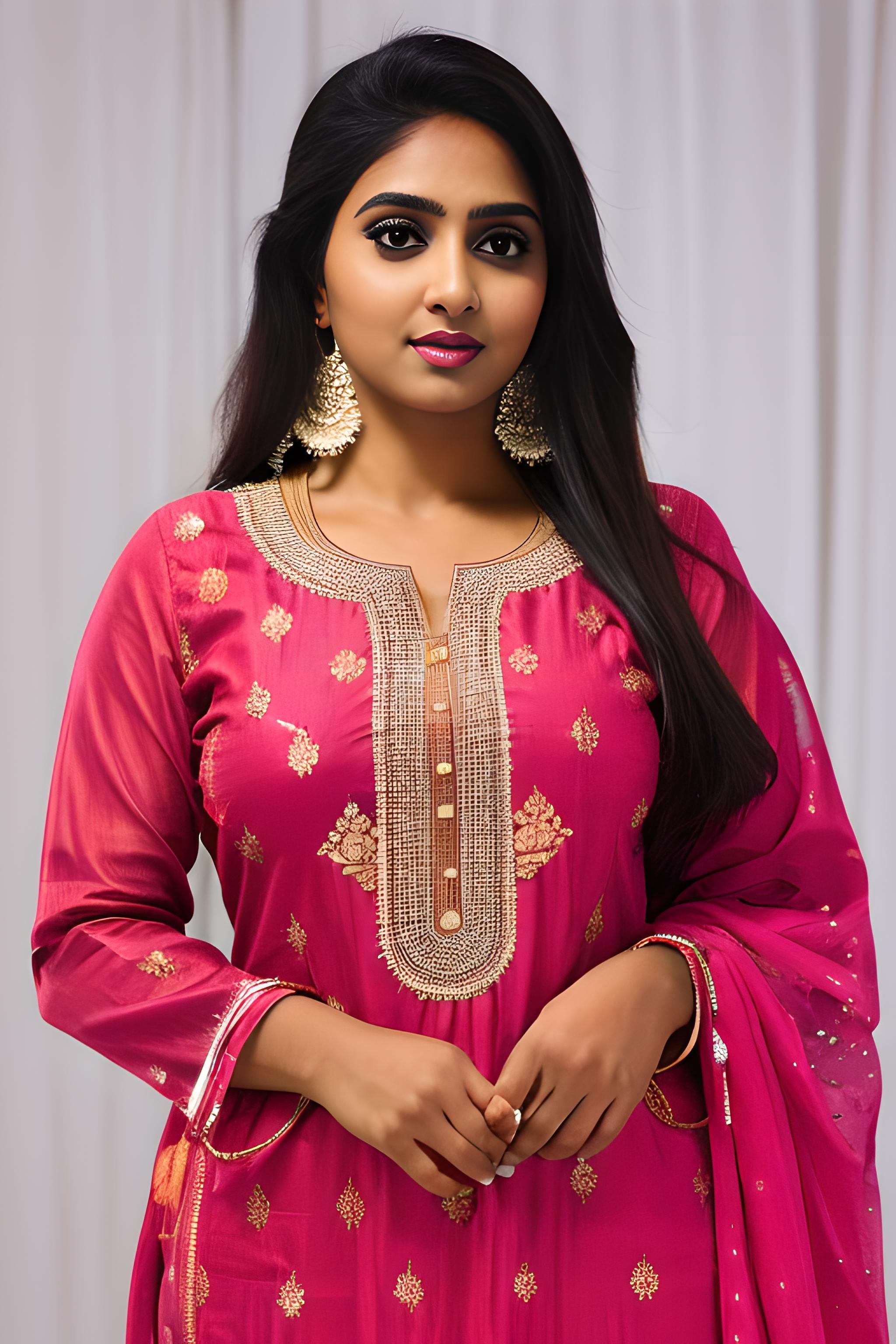 indian girl in salwar, dress, traditional dress, sexy, large breasts, (fair skin), cute, masterpiece, best quality, highest quality, focused, extremely detailed, ultra realistic, photorealistic, sharp focus, absurdres, photograph, detailed and intricate, instagram, portrait, highly detailed, sharp focus, illustration,  <lora:Salwar:0.8> 