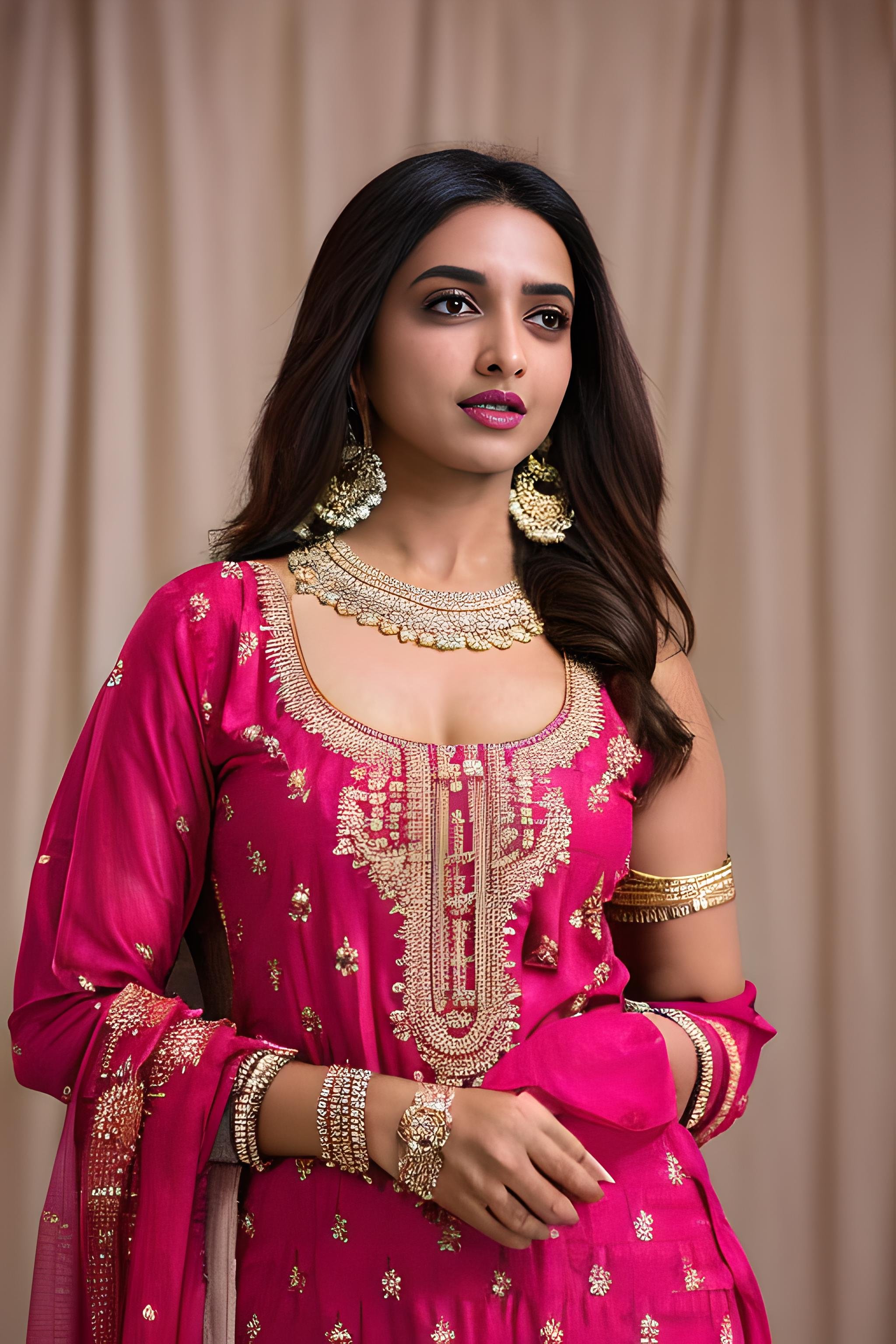 indian girl in salwar, dress, traditional dress, sexy, large breasts, (fair skin), cute, deepika,masterpiece, best quality, highest quality, focused, extremely detailed, ultra realistic, photorealistic, sharp focus, absurdres, photograph, detailed and intricate, instagram, portrait, highly detailed, sharp focus, illustration,  <lora:Salwar:0.8>  <lora:deepika_model:0.6>