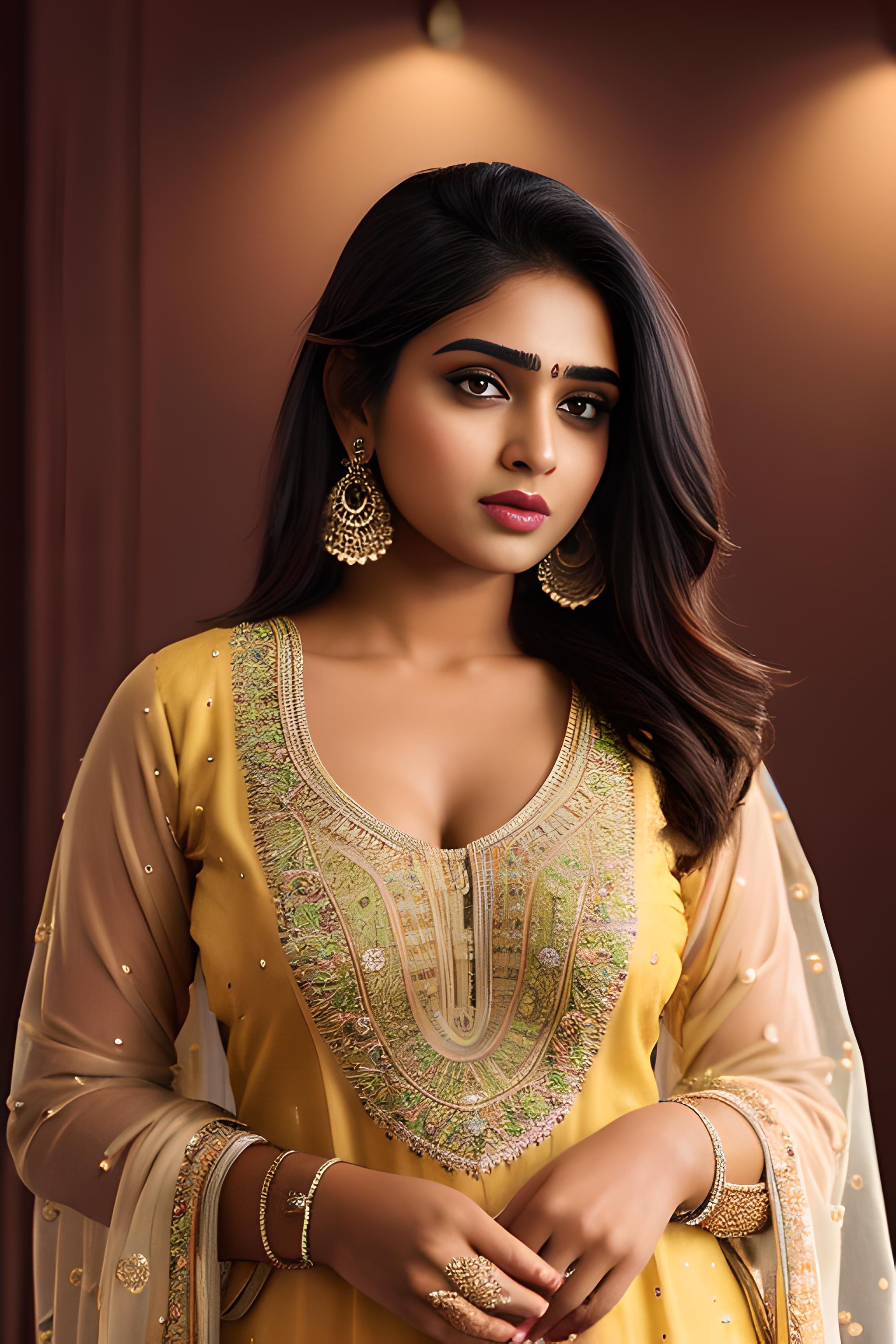 indian girl in salwar, dress, traditional dress, sexy, large breasts, (fair skin), cute, masterpiece, best quality, highest quality, focused, extremely detailed, ultra realistic, photorealistic, sharp focus, absurdres, photograph, detailed and intricate, instagram, portrait, highly detailed, sharp focus, illustration,  <lora:Salwar:0.6>