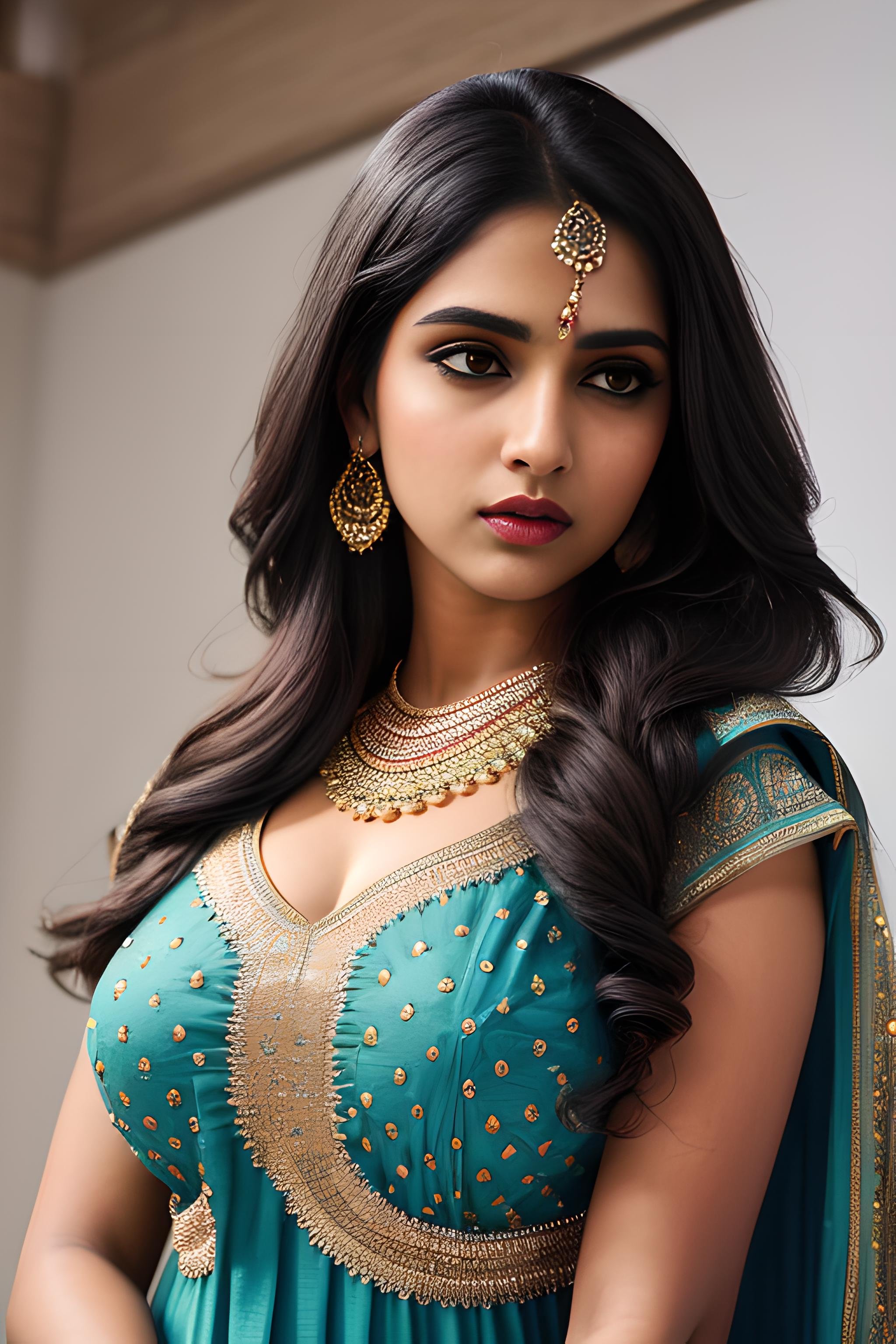 indian girl in salwar, dress, traditional dress, sexy, large breasts, (fair skin), cute, masterpiece, best quality, highest quality, focused, extremely detailed, ultra realistic, photorealistic, sharp focus, absurdres, photograph, detailed and intricate, instagram, portrait, highly detailed, sharp focus, illustration,  <lora:Salwar:0.3> 