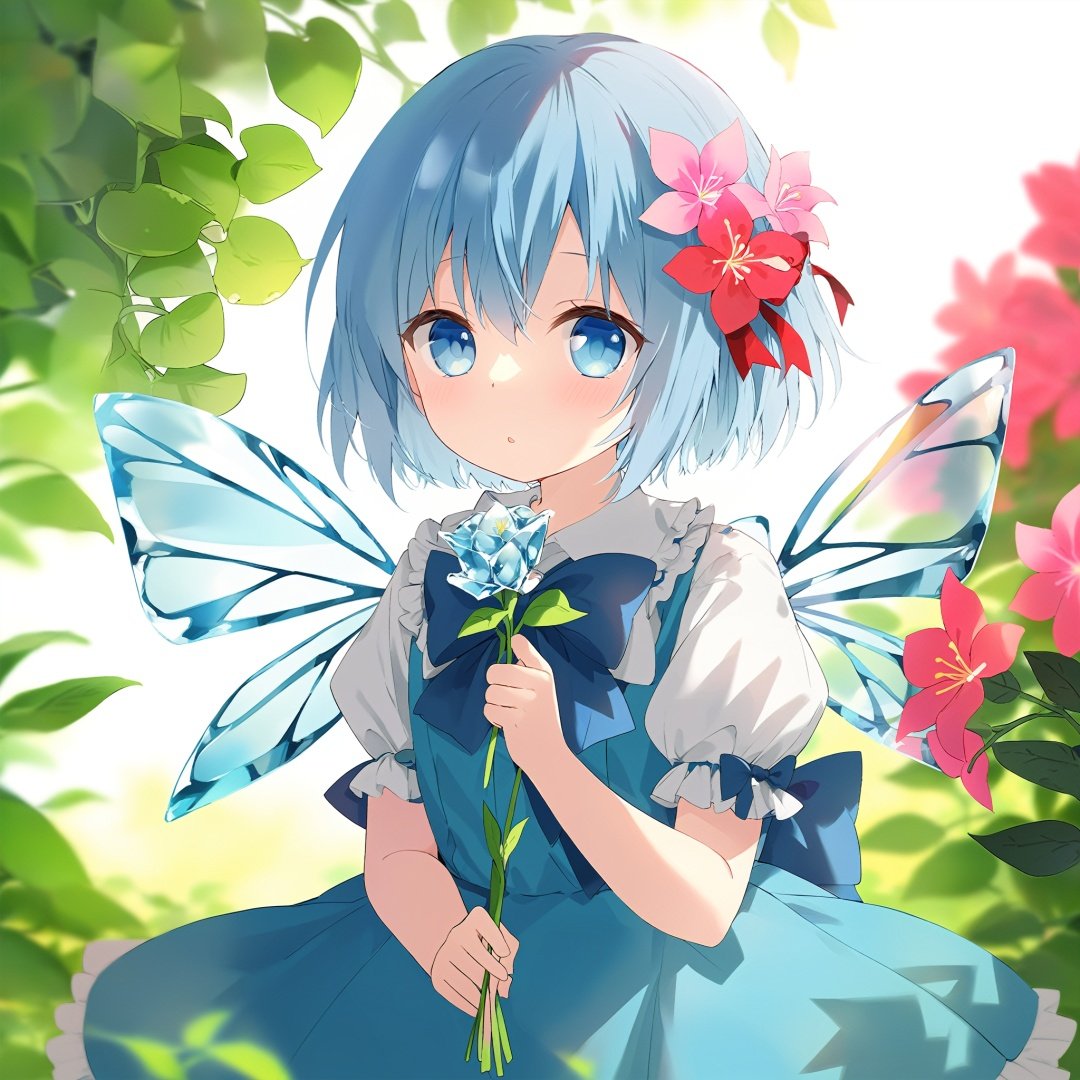  1girl, solo, flower, blue eyes, cirno, sweet-scented, blue hair, looking at viewer, tanned cirno, short sleeves, short hair, backlighting, puffy sleeves, bow, hair bow, upper body, dress, puffy short sleeves, holding flower, petals, blue bow, ribbon, holding, white background, blue dress, red ribbon, mouth hold, bangs, simple background, ice wings, shirt, depth of field, blurry, neck ribbon, wings, plant, leaf, white shirt, pink flower, vines
Negative prompt: photorealistic, 3d model, cinematic, bad anatomy, blurr