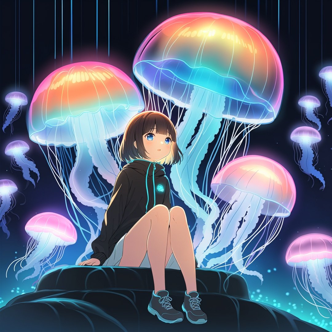  glowing jellyfish neon light, 1girl, sitting, wariza, (cute illustration:1.2), absurd-resolution, ultra-detailed, best quality