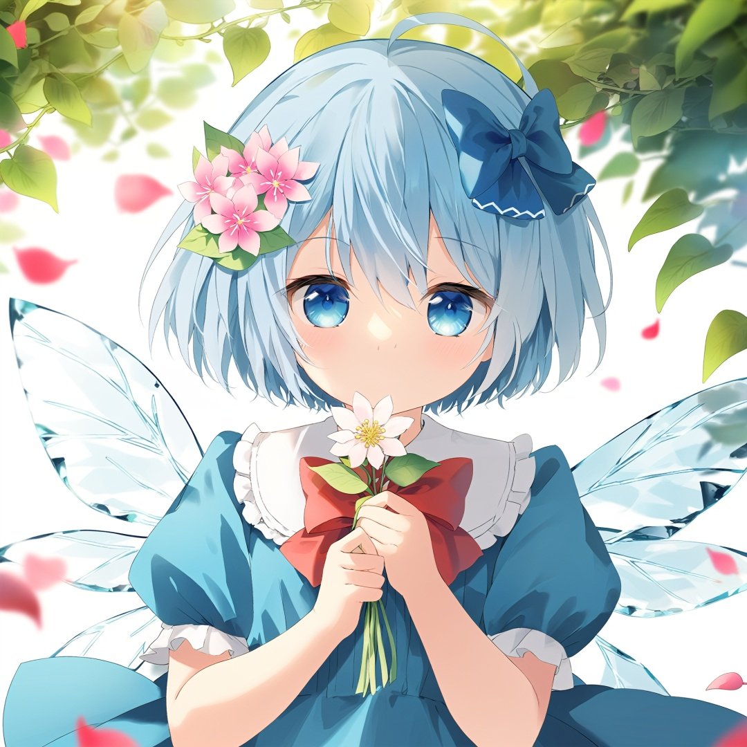  1girl, solo, flower, blue eyes, cirno, sweet-scented, blue hair, looking at viewer, tanned cirno, short sleeves, short hair, backlighting, puffy sleeves, bow, hair bow, upper body, dress, puffy short sleeves, holding flower, petals, blue bow, ribbon, holding, white background, blue dress, red ribbon, mouth hold, bangs, simple background, ice wings, shirt, depth of field, blurry, neck ribbon, wings, plant, leaf, white shirt, pink flower, vines
Negative prompt: photorealistic, 3d model, cinematic, bad anatomy, blurr