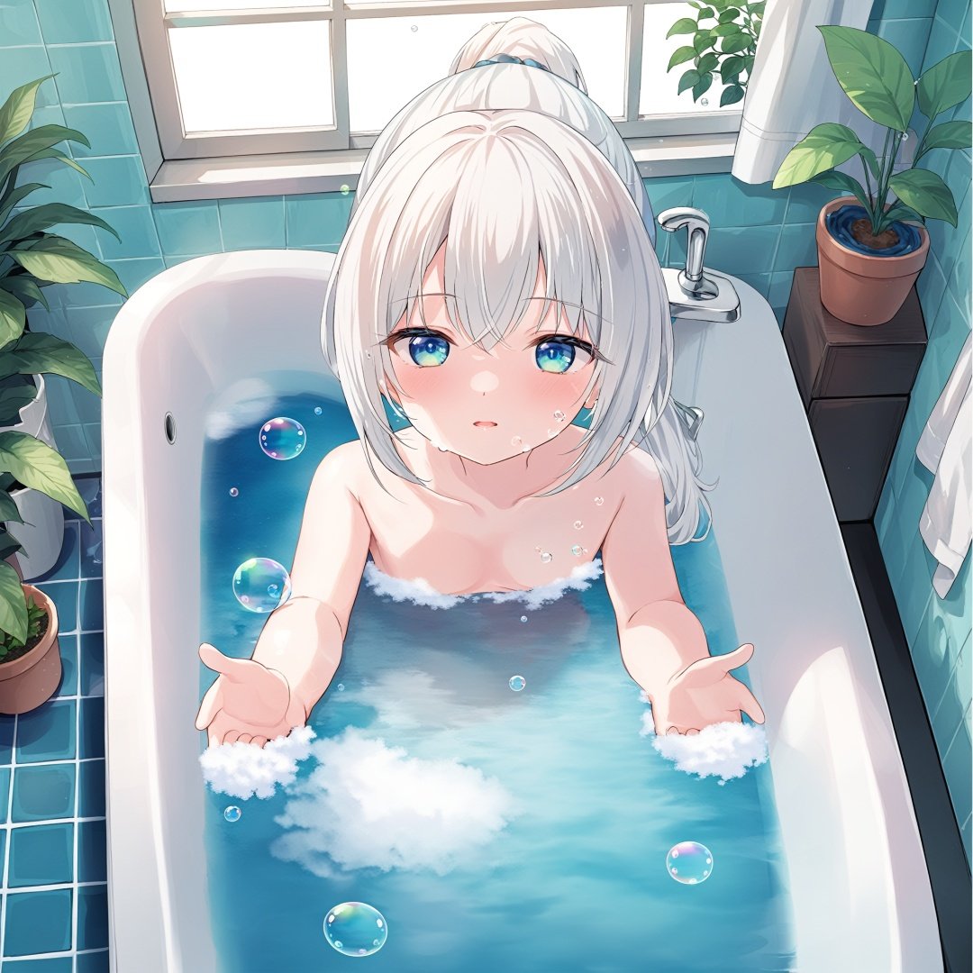  1girl, bathtub, solo, long hair, looking at viewer, window, white hair, bathing, indoors, water, soap bubbles, plant, bathroom, outstretched arms, bubble, bath, towel, blue eyes, ponytail, tiles, soap bottle, bangs, tile wall, potted plant, faucet, partially submerged, wet, blush, from above, parted lips, aqua eyes