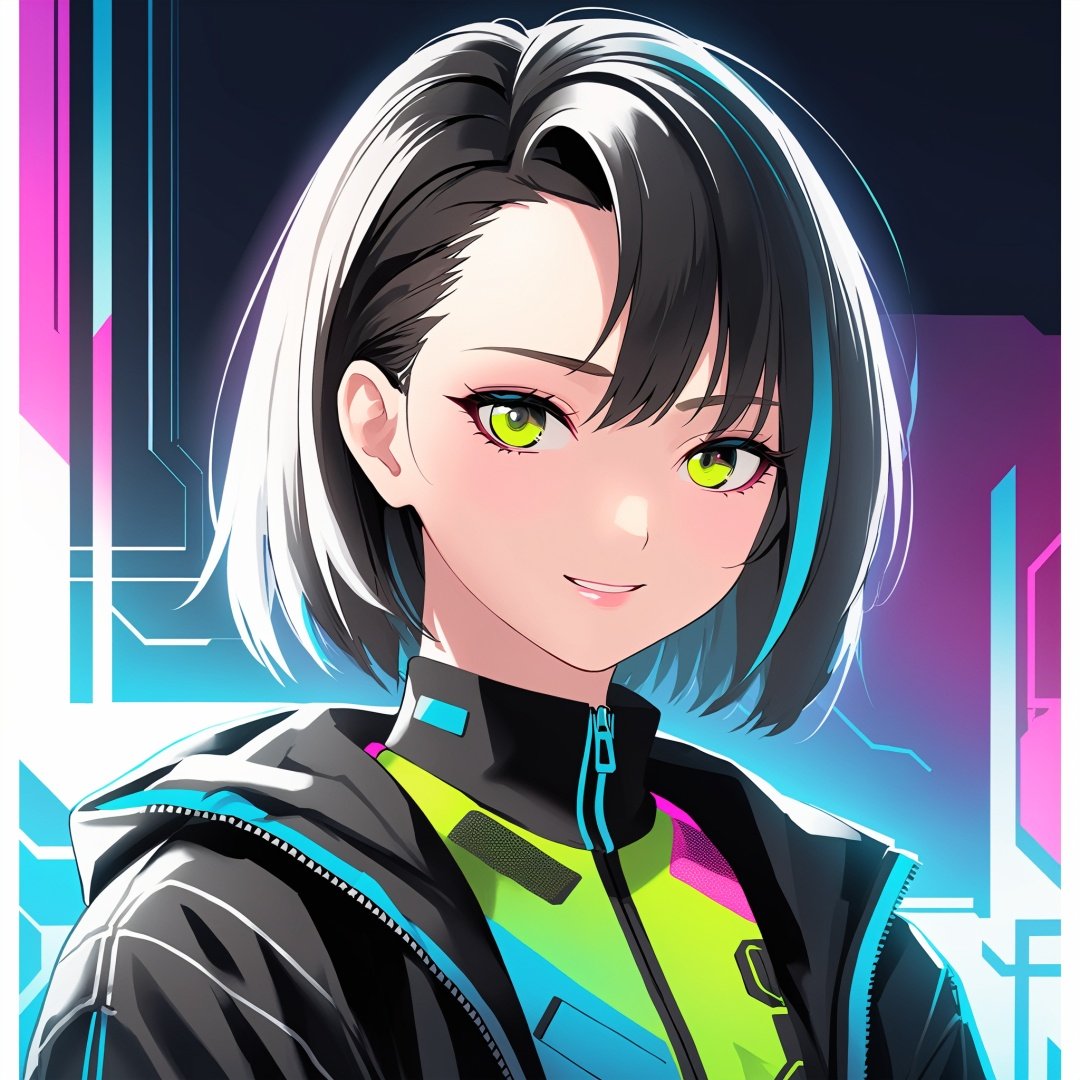  1girl, 20 years old, upper body, Realistic photos, fashion style, (masterpiece, best quality:1.2), detailed skin, 8k, magazine style, super detailed, skin texture, cyberpunk, neon-tetora, happy