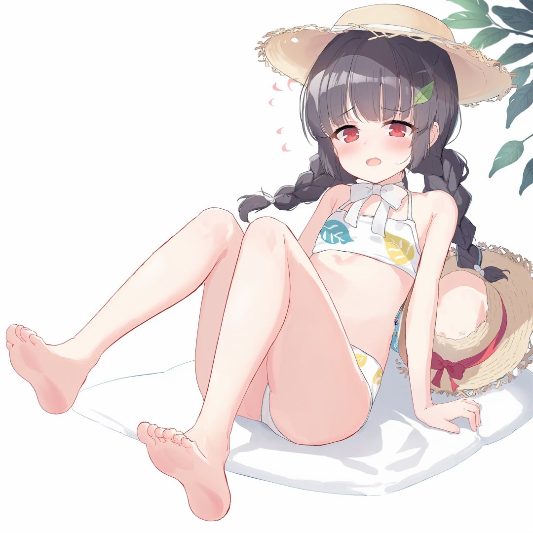  1girl, red eyes, hat, solo, swimsuit, halo, feet, toes, black hair, barefoot, miyu (blue archive), bikini, soles, braid, long hair, sitting, twin braids, white background, looking at viewer, straw hat, simple background, open mouth, white bikini, leaf, blush, bare legs, bangs, small breasts, twintails, full body