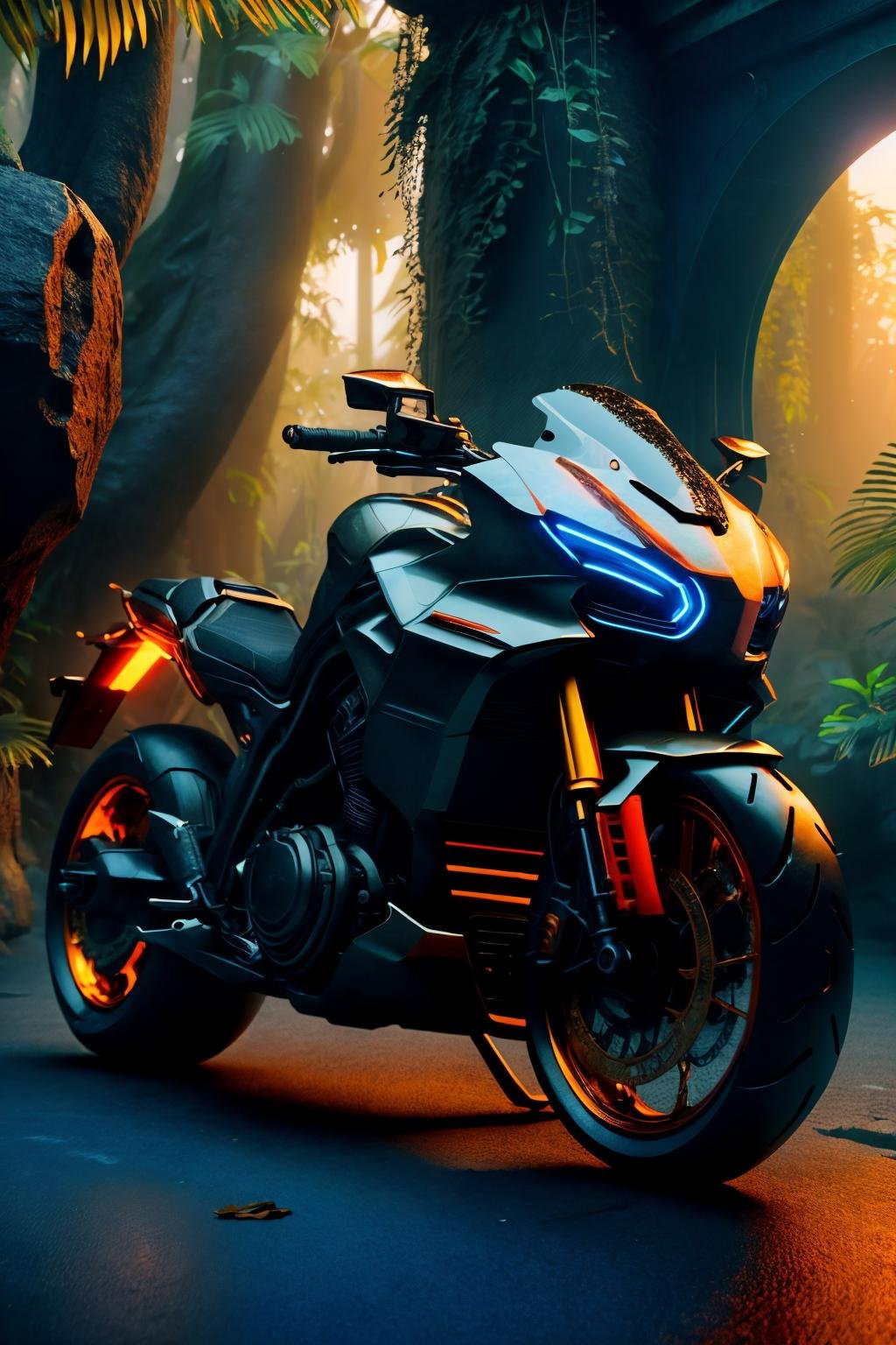 <lora:FutureSuperBike_v3-000009:1> masterpiece, photorealistic highly detailed 8k photography, best cinematic quality, volumetric lighting, volumetric shadows, ftsbk, neon lighting, Ancient Temples Hidden in Jungle Canopies background, Close-up