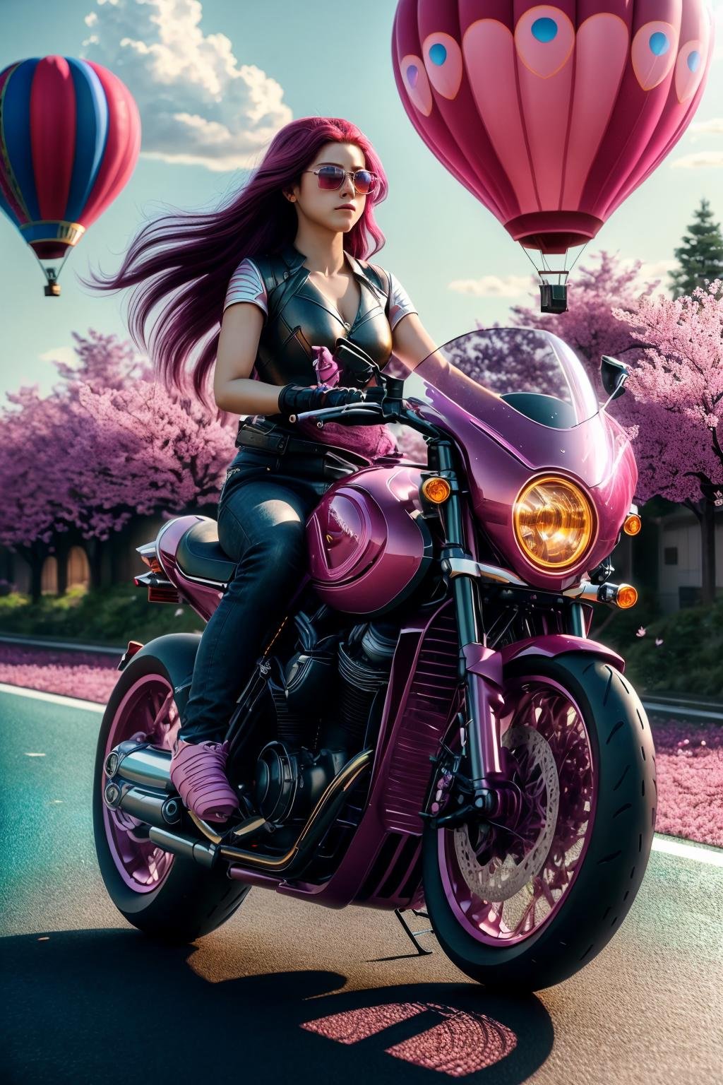 masterpiece, photorealistic highly detailed 8k photography, best cinematic quality, volumetric lighting, volumetric shadows, <lora:FutureSuperBike_v3-000009:1> very long hair burgundy non-binary riding Cherry Blossom Pink ftsbk, feeling of speed,  Colorful Hot Air Balloons in a Blue Sky background, low-angle shot