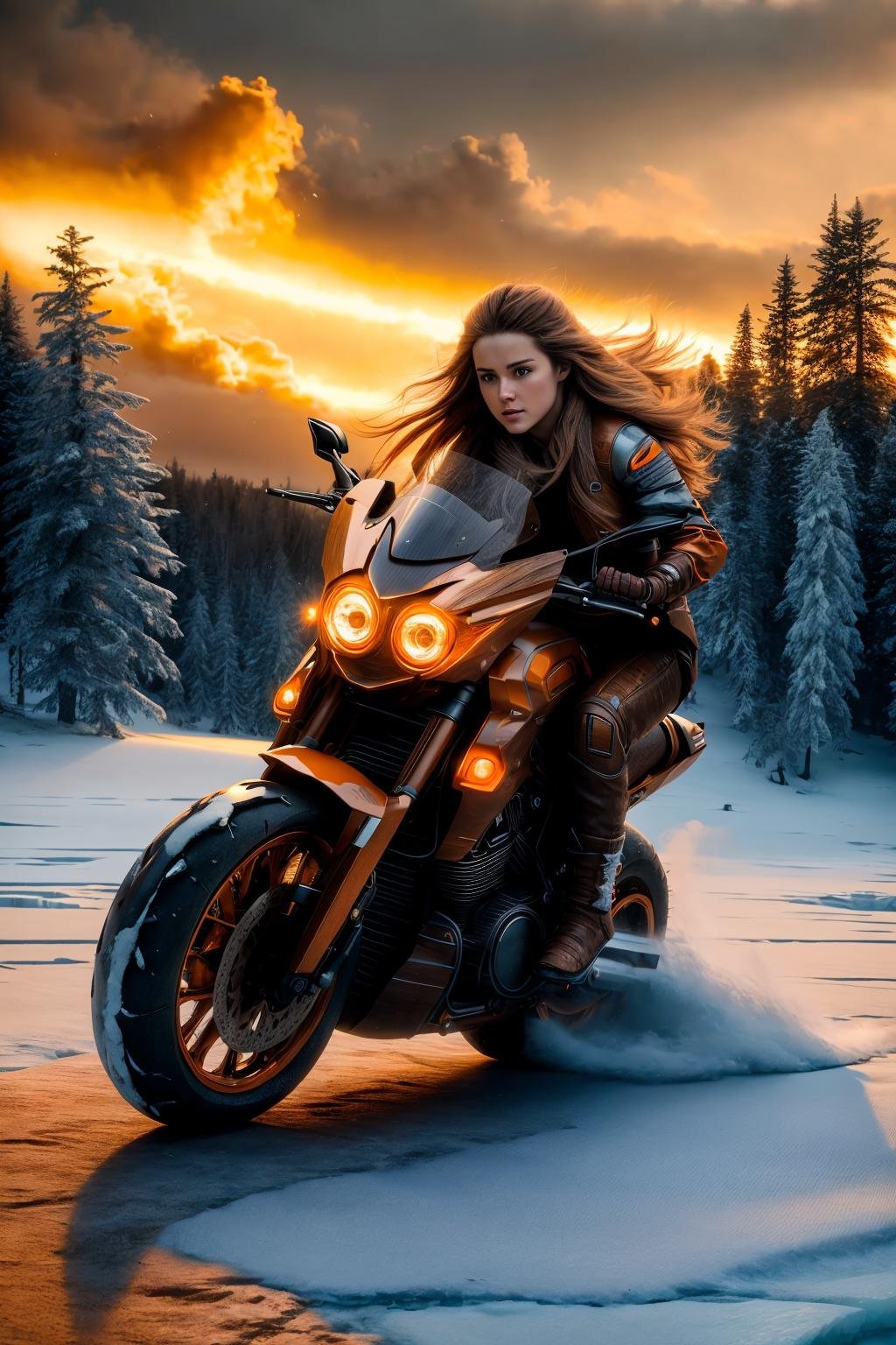 <lora:FutureSuperBike_v3-000007:1> masterpiece, photorealistic highly detailed 8k photography, best cinematic quality, volumetric lighting, volumetric shadows, long hair orange girl riding (Wood Brown ftsbk), feeling of speed, Frozen Lakes background, Close-up