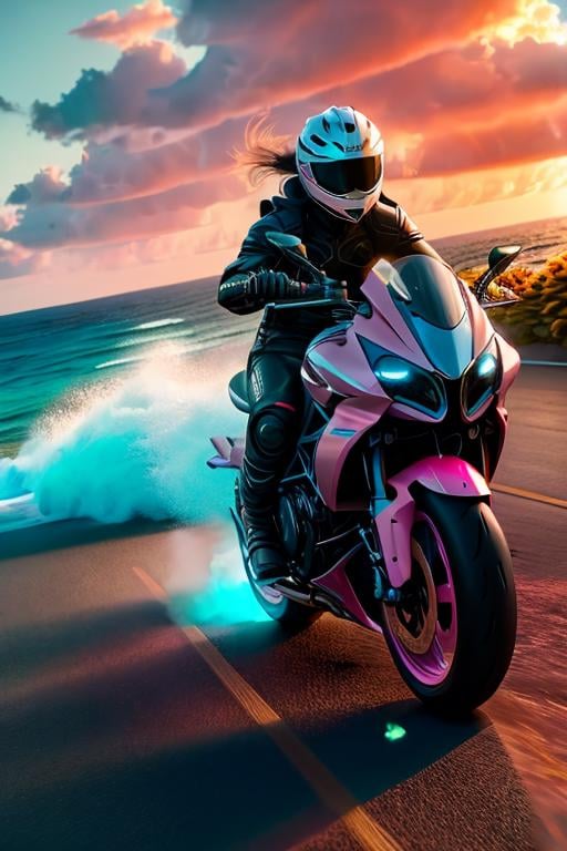 <lora:FutureSuperBike_v3-000005:1> masterpiece, photorealistic highly detailed 8k photography, best cinematic quality, volumetric lighting, volumetric shadows, short hair pink boy riding (Ocean Blue ftsbk), feeling of speed, Sunflower Fields background, Extreme long shot