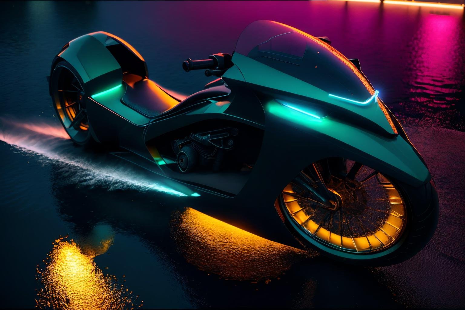 <lora:FutureSuperBike_v3-000009:1> masterpiece, photorealistic highly detailed 8k photography, best cinematic quality, volumetric lighting, volumetric shadows, ftsbk, neon lighting, Festival Fireworks Reflected in Water background, Bird’s-eye view