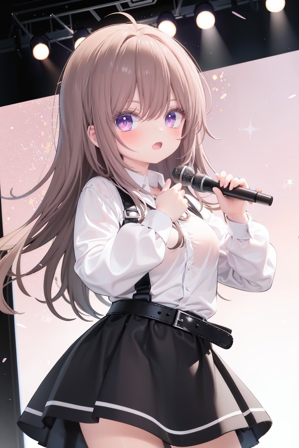  1girl, solo, microphone, smile, skirt, blush, brown eyes, long hair, open mouth, looking at viewer, brown hair, long sleeves, :d, shirt, bangs, belt, breasts, pink shirt, outstretched arm, music, black belt, medium breasts, holding microphone, singing