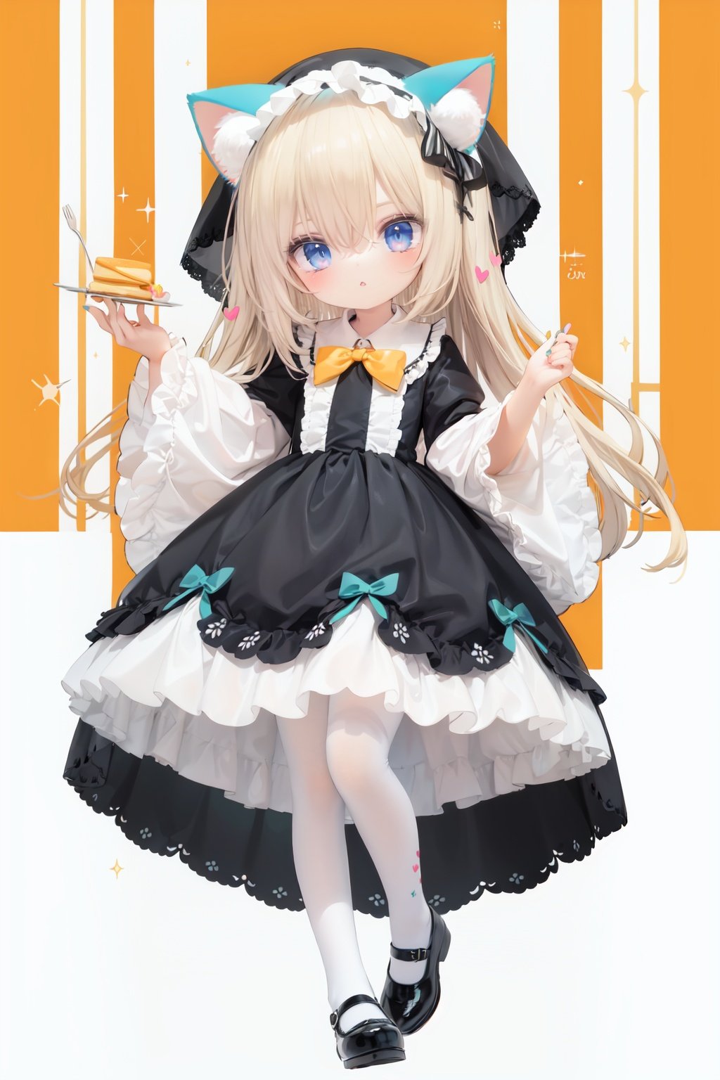  (cinematic lighting), dreamy atmosphere, Ray tracing, (((solo))), (loli:1.5), (child:1.5), (petite:1.5), green eyes, (animal ears), dress, solo, food, blonde hair, open mouth, long hair, pancake, flower, holding, bow, smile, fork, bird, socks, looking at viewer, shoes, striped background, holding fork, bonnet, striped, frills, long sleeves, :d, yellow dress, bangs, eyebrows visible through hair, blush, green nails, hair bow, nail polish, diagonal stripes, chick, sparkle, frilled dress, orange bow, fruit, full body, :3, hair between eyes, green bow, puffy sleeves, heart, lemon, orange footwear, animal ear fluff, white bow, cat ears, bobby socks, orange headwear, see-through sleeves, blue background, striped bow, hair ornament, white legwear, mary janes