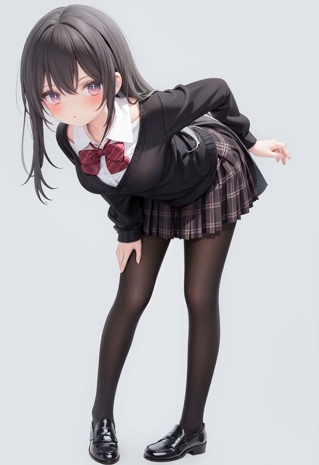  1girl, solo, pantyhose, skirt, long hair, loafers, shoes, simple background, school uniform, brown eyes, plaid, black pantyhose, plaid skirt, looking at viewer, black hair, pantyhose pull, full body, clothes pull, black footwear, pleated skirt, leaning forward, bangs, long sleeves, bent over, cardigan, bow, bowtie, standing, closed mouth, pulled by self, grey background, blush, miniskirt, red bow, sweater, undressing