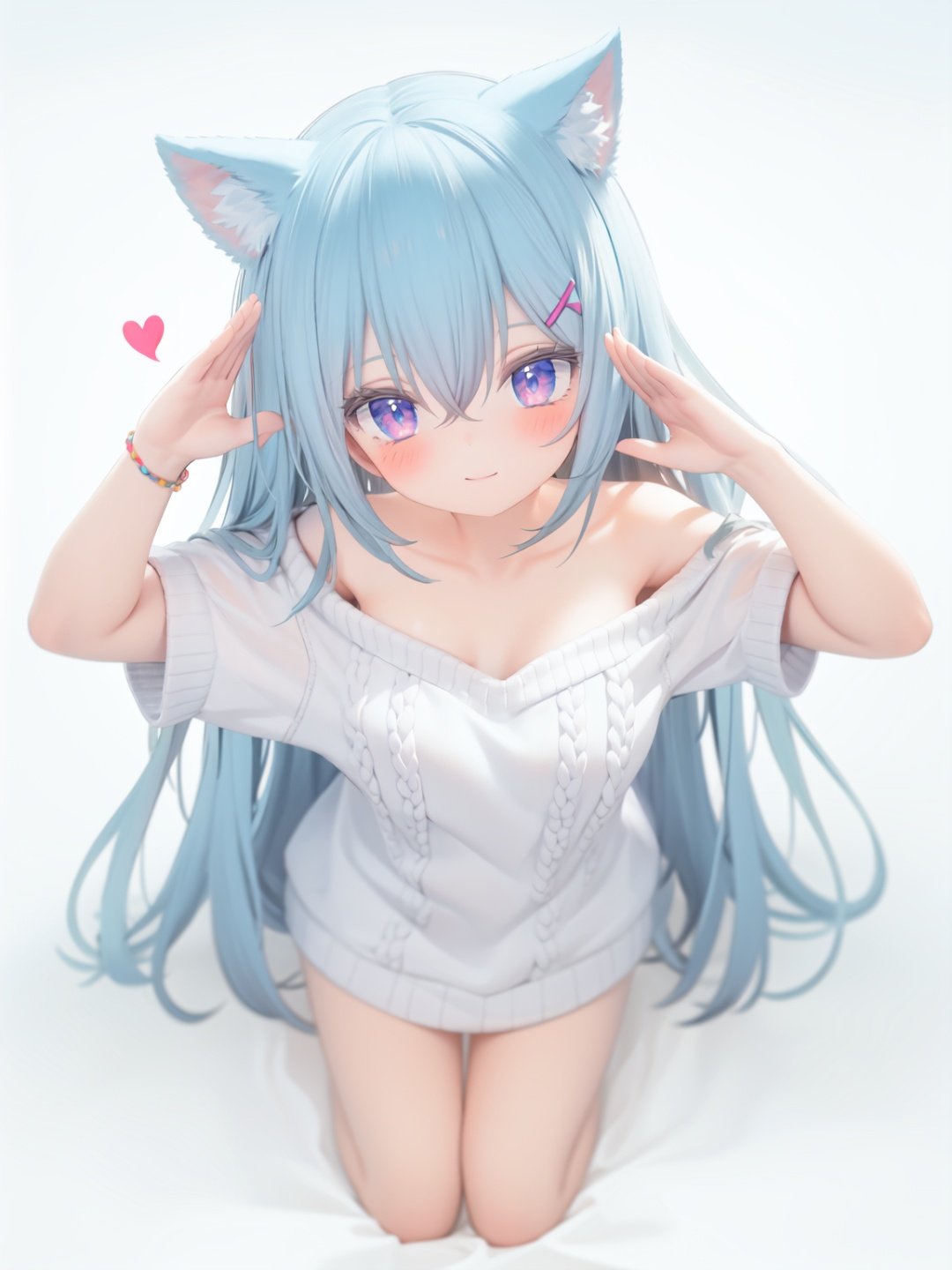  petite, loli, solo, animal ears, heart, puffy short sleeves, blue hair, long hair, off shoulder, bangs, hair ornament, gradient background,rainbow gradient, x hair ornament, animal ear fluff, looking at viewer, very long hair, blush, smile, cat ears, bare shoulders, collarbone, hand up, gradient sweater, hair between eyes, symbol-shaped pupils, arm up, heart-shaped pupils, hairclip, medium breasts, salute, bare legs,full body